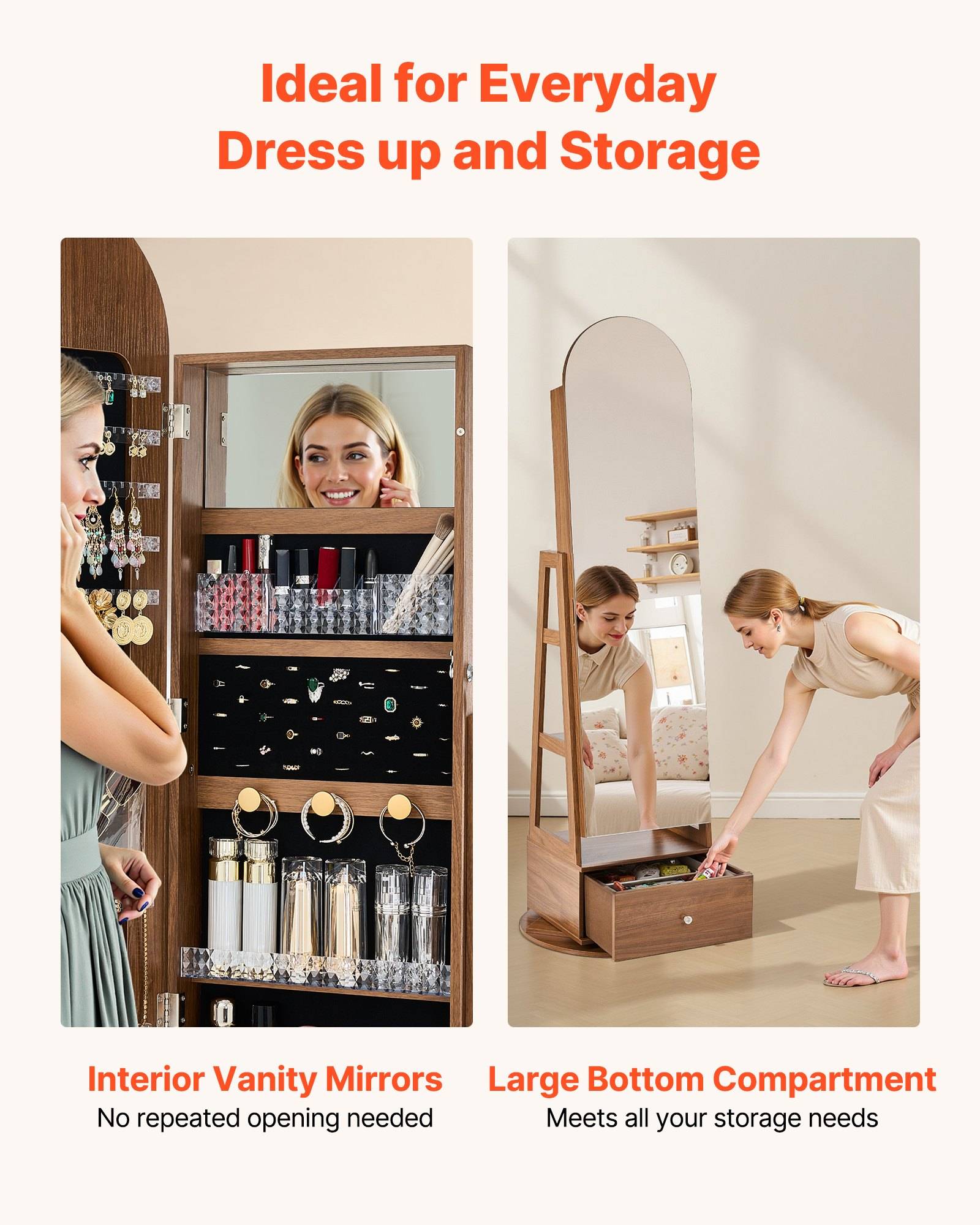 Werbebild eines Spiegelmöbels zur Aufbewahrung mit einer Frau, die es zum Ankleiden und Organisieren von Make-up nutzt; der Text lautet „Ideal zum täglichen Ankleiden und zur Aufbewahrung" und hebt „Innenspiegel für die Toilette"" und „Großes unteres Fach"" hervor.