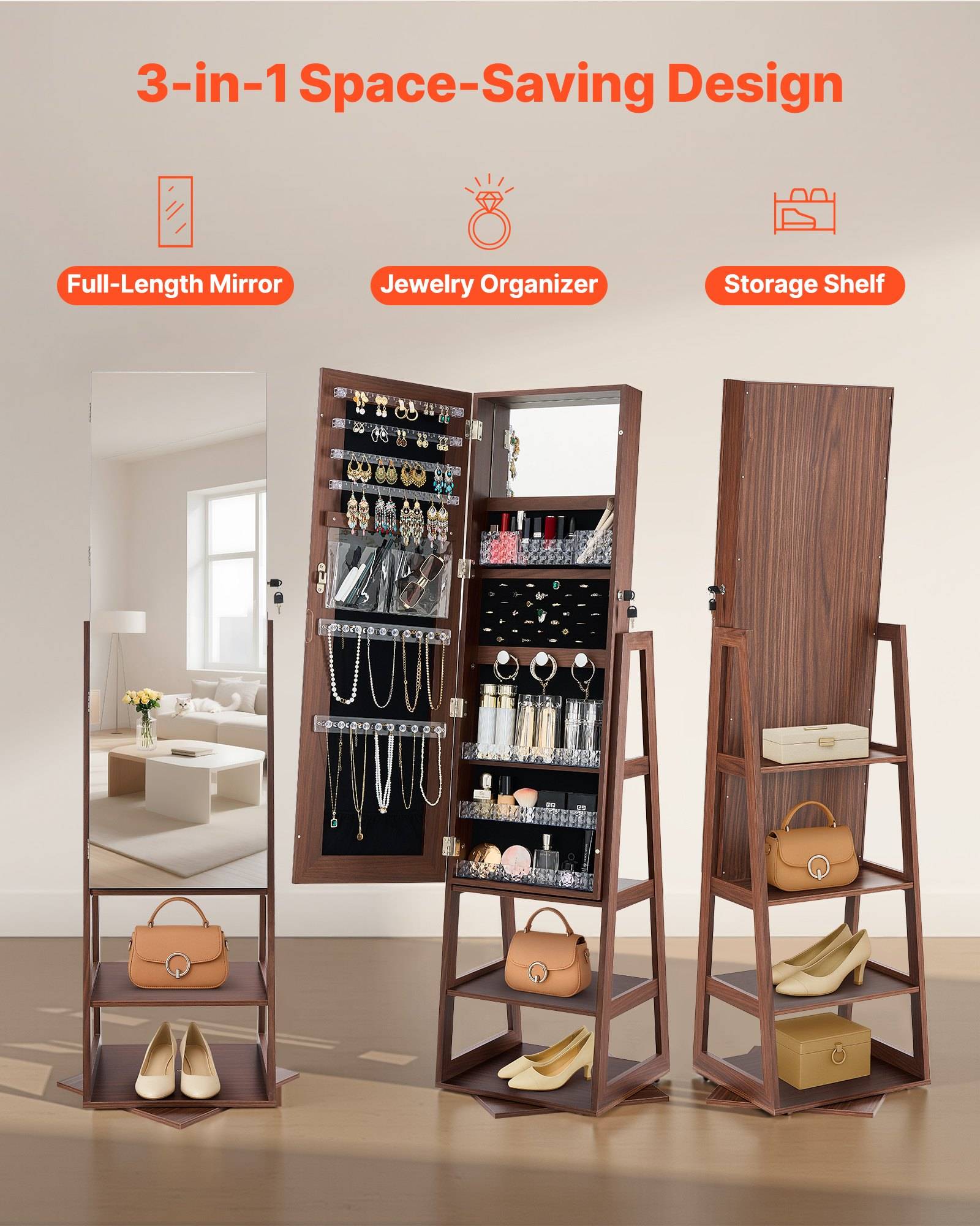 Werbebild eines platzsparenden 3-in-1-Spiegelständers, der einen Ganzkörperspiegel, einen Schmuckorganizer und ein Regal kombiniert, gezeigt mit Schmuck und Accessoires im Inneren.