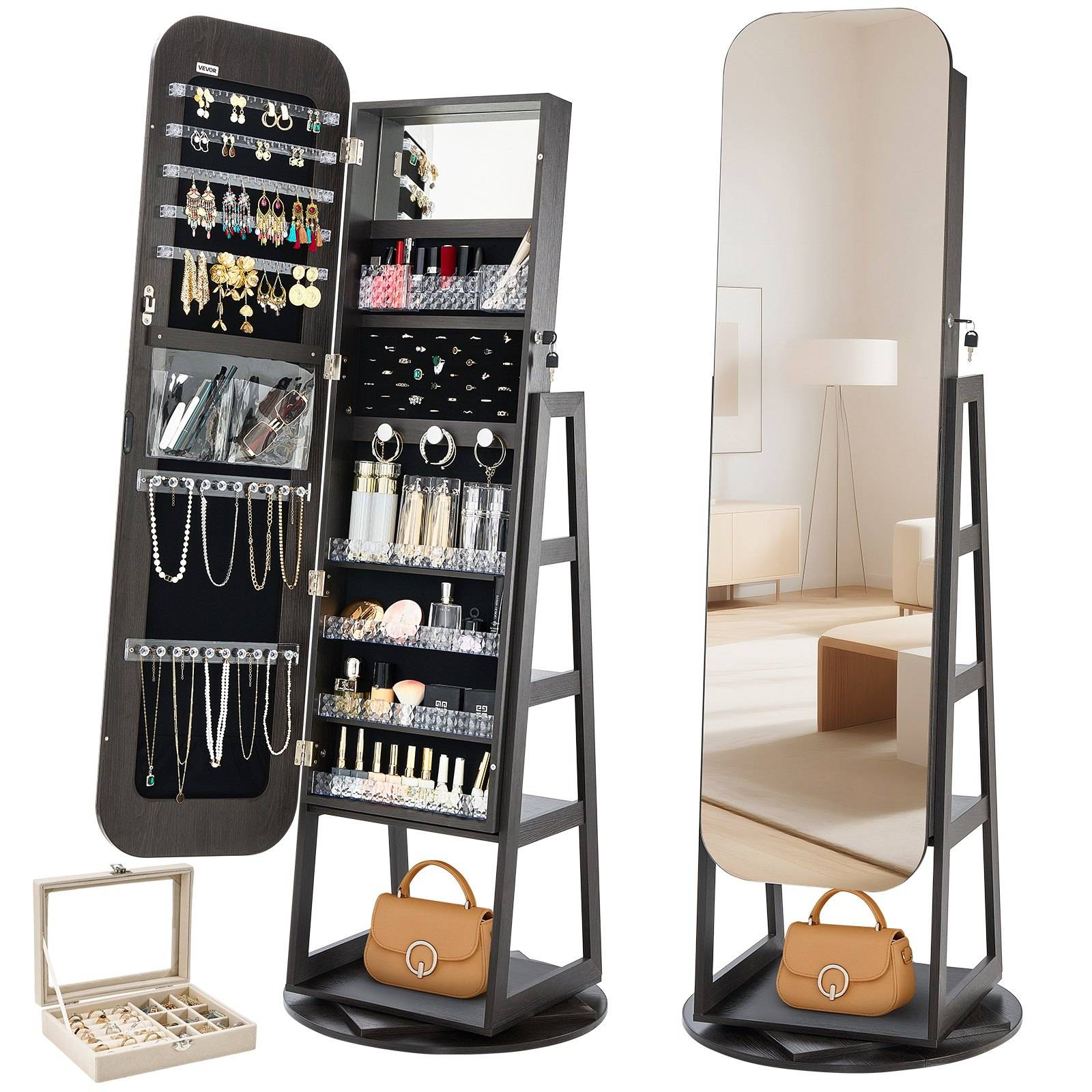 Schwarzer Schmuckschrank mit Ganzkörperspiegel und offenen Aufbewahrungsfächern für Ohrringe, Halsketten, Ringe und Kosmetika; Regalbrett für Handtaschen an der Basis.