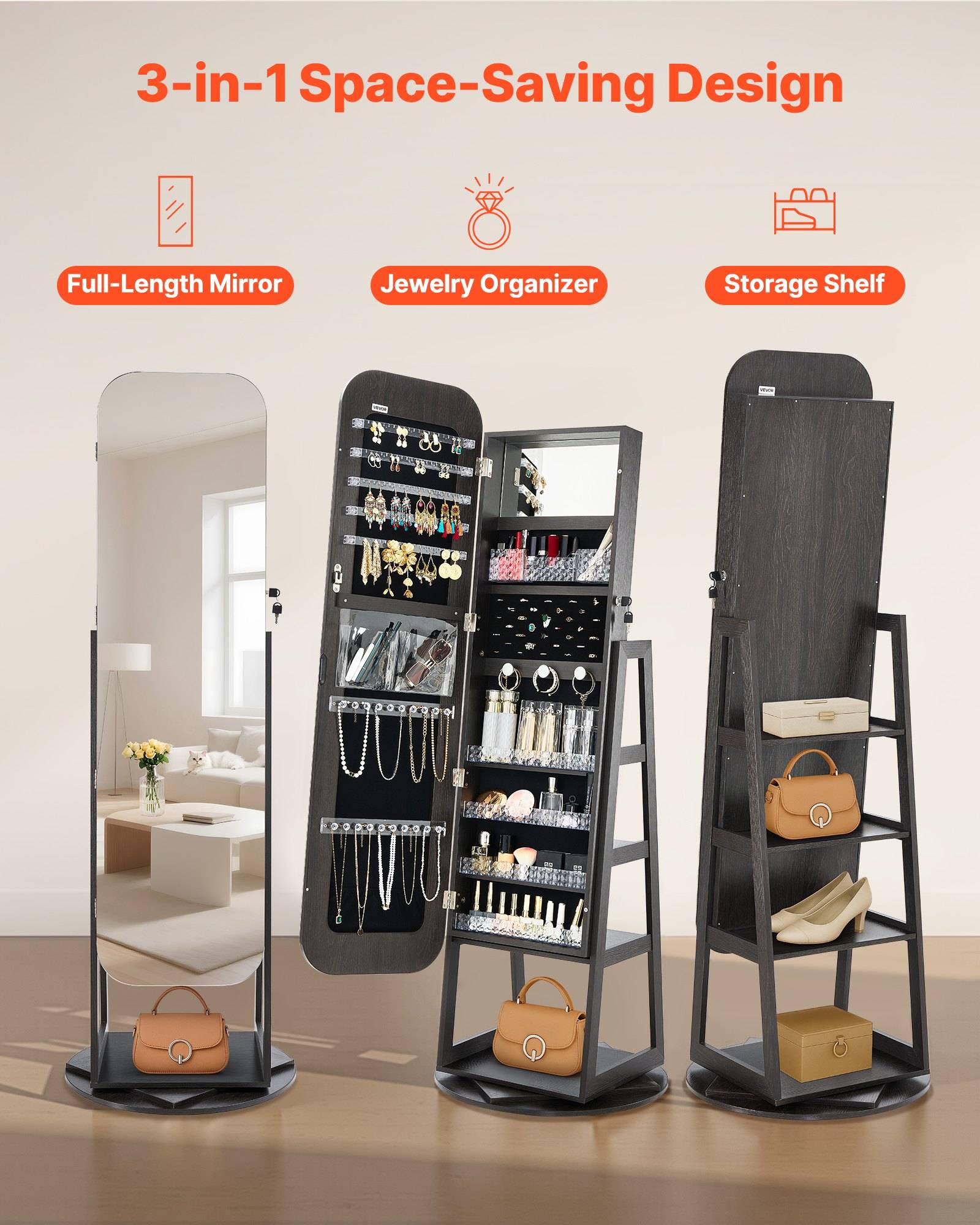 Werbebild eines platzsparenden 3-in-1-Stehspiegels, der gleichzeitig als Schmuckorganizer und Regal dient, gezeigt mit Ganzkörperspiegel, hängenden Schmuckfächern und Regalen für Taschen und Kartons.
