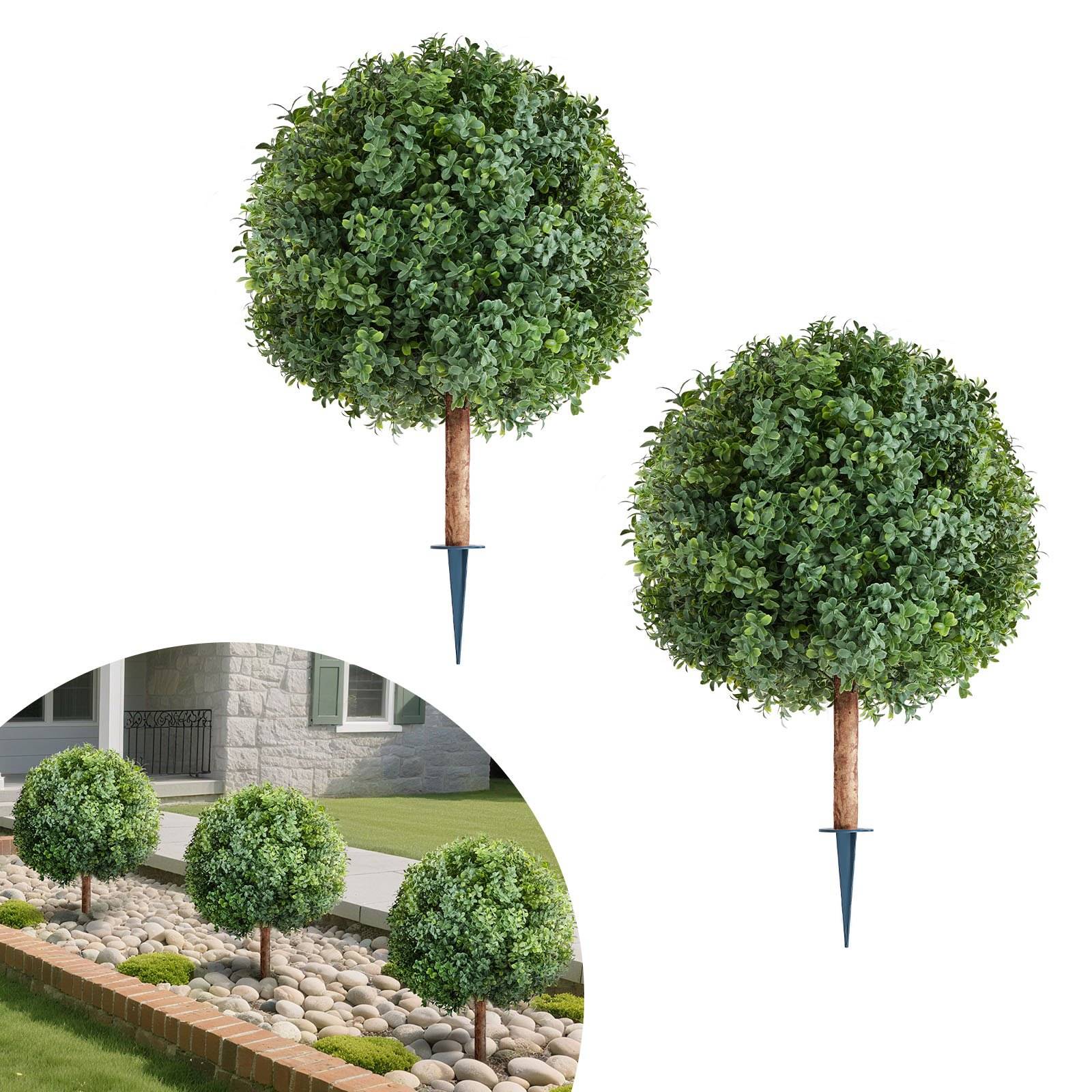 Zwei künstliche Topiary-Bäume mit rundem grünem Laub und Stützen, plus eine kleine Einblendung, die zeigt, wie sie in einem gestalteten Vorgarten gepflanzt sind.