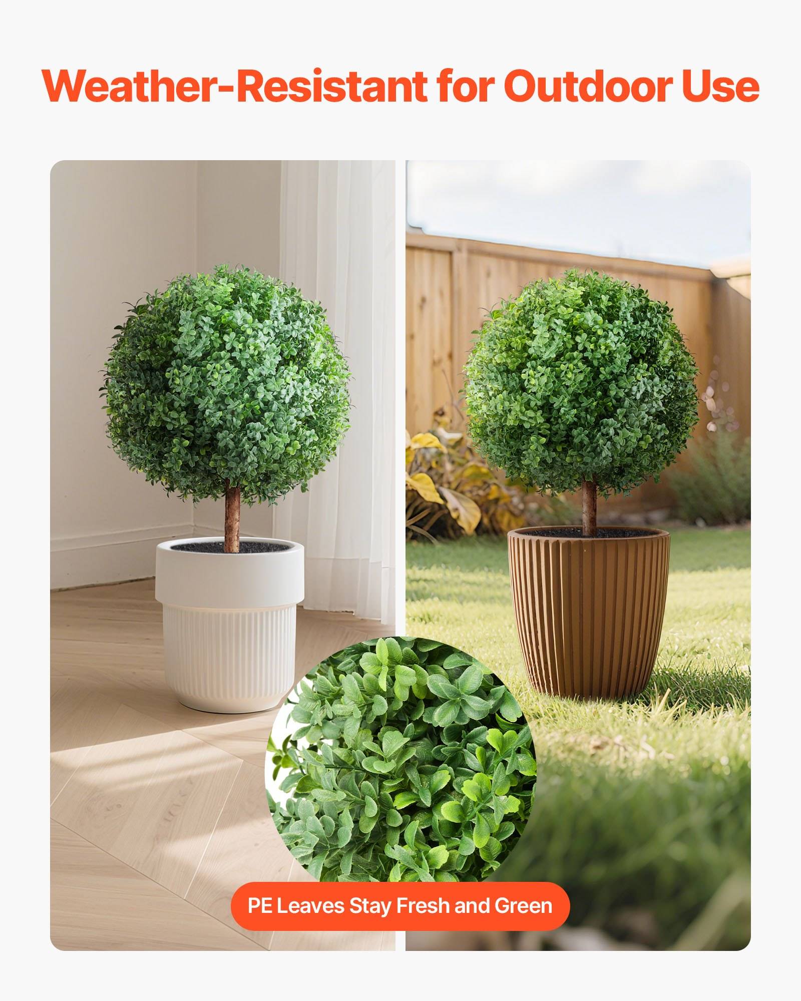 Geteiltes Bild, das eine künstliche Topiary in einem Topf innen und außen zeigt, mit den Beschriftungen „Wetterbeständig für den Außenbereich