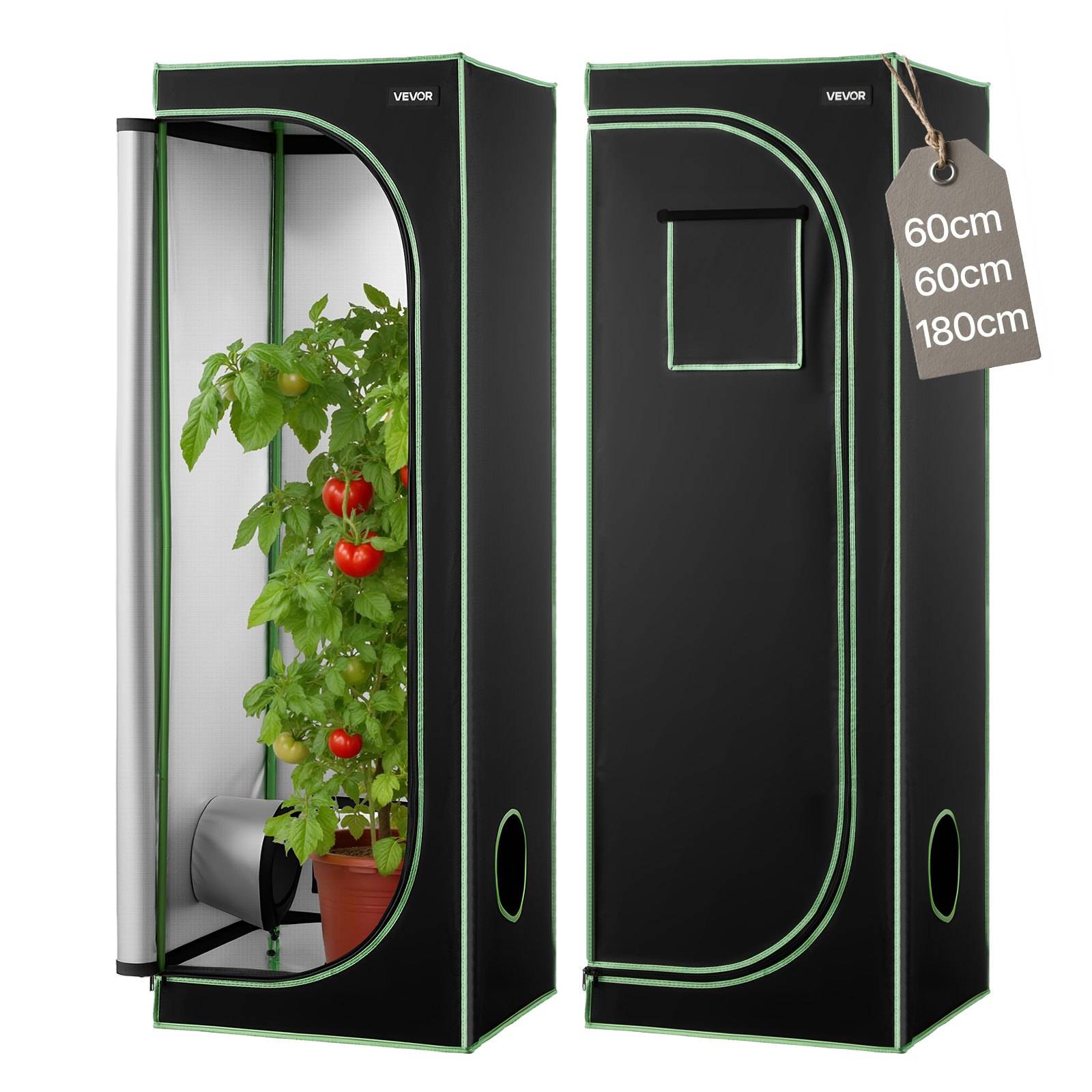 Tragbares Indoor-Gewächshaus, offen mit einer Tomatenpflanze innen gezeigt und geschlossen daneben; Etikett liest „60cm 60cm 180cm