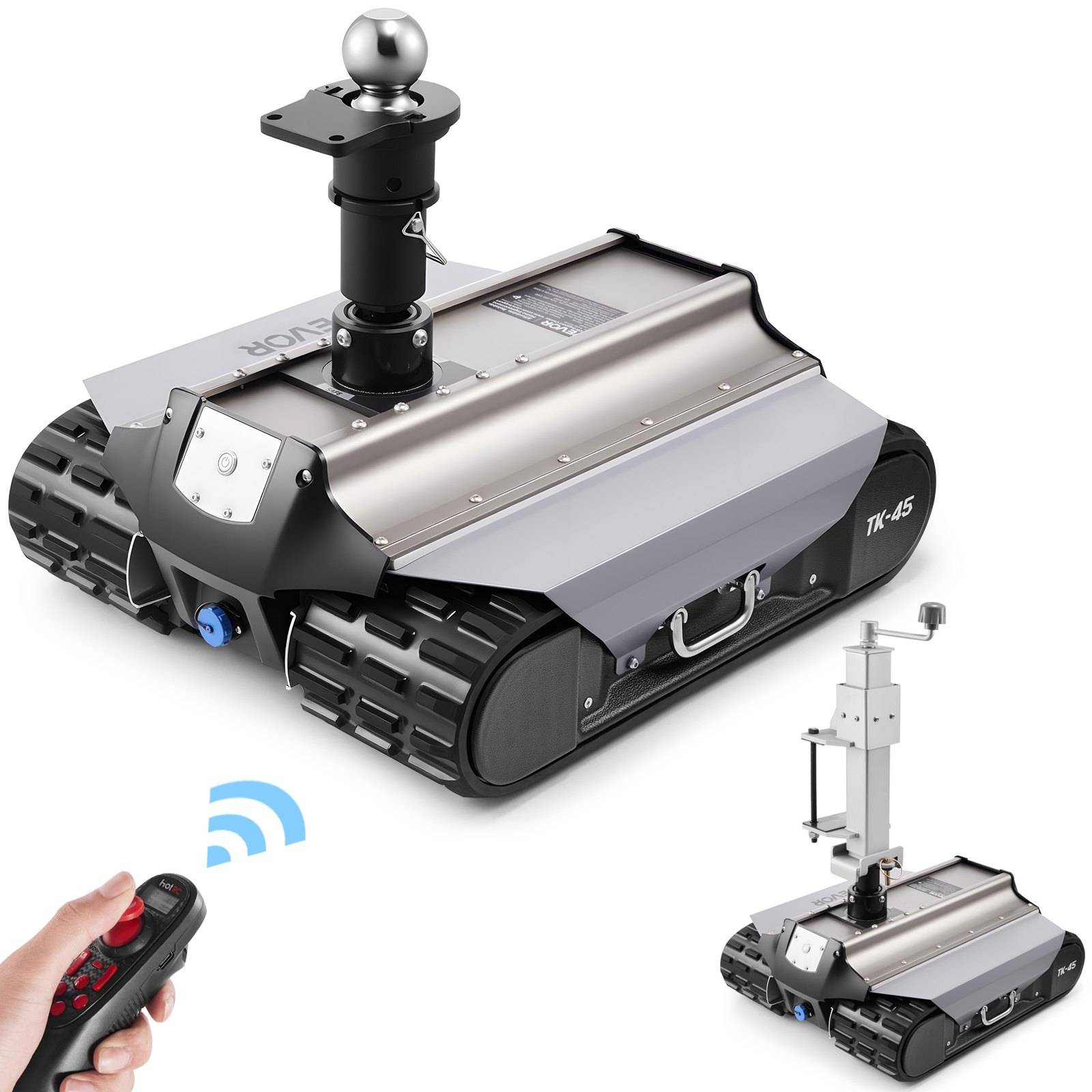 Ferngesteuerter Raupenroboter mit montiertem Sensormast, gezeigt mit einem tragbaren Controller und einer kleinen Detailansicht desselben Roboters.