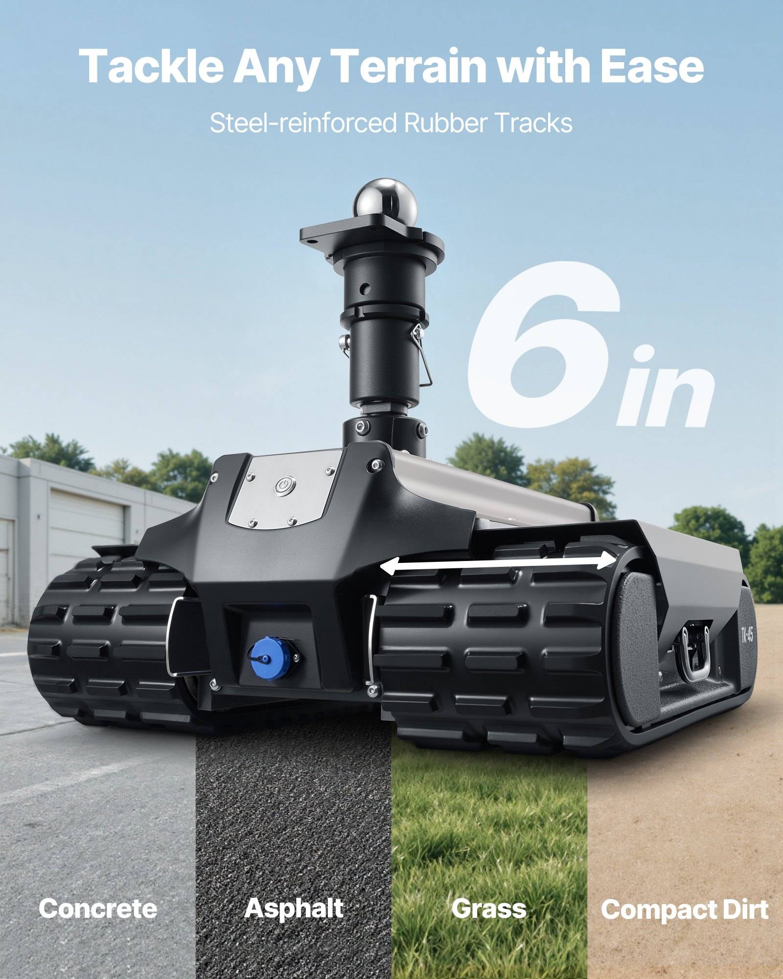 Schwerlast-Raupenmaschine mit 6 stahlverstärkten Gummilaufbändern, abgebildet beim Bearbeiten von Beton, Asphalt, Gras und verdichteter Erde; Text besagt „Bewältigen Sie jedes Gelände mühelos".