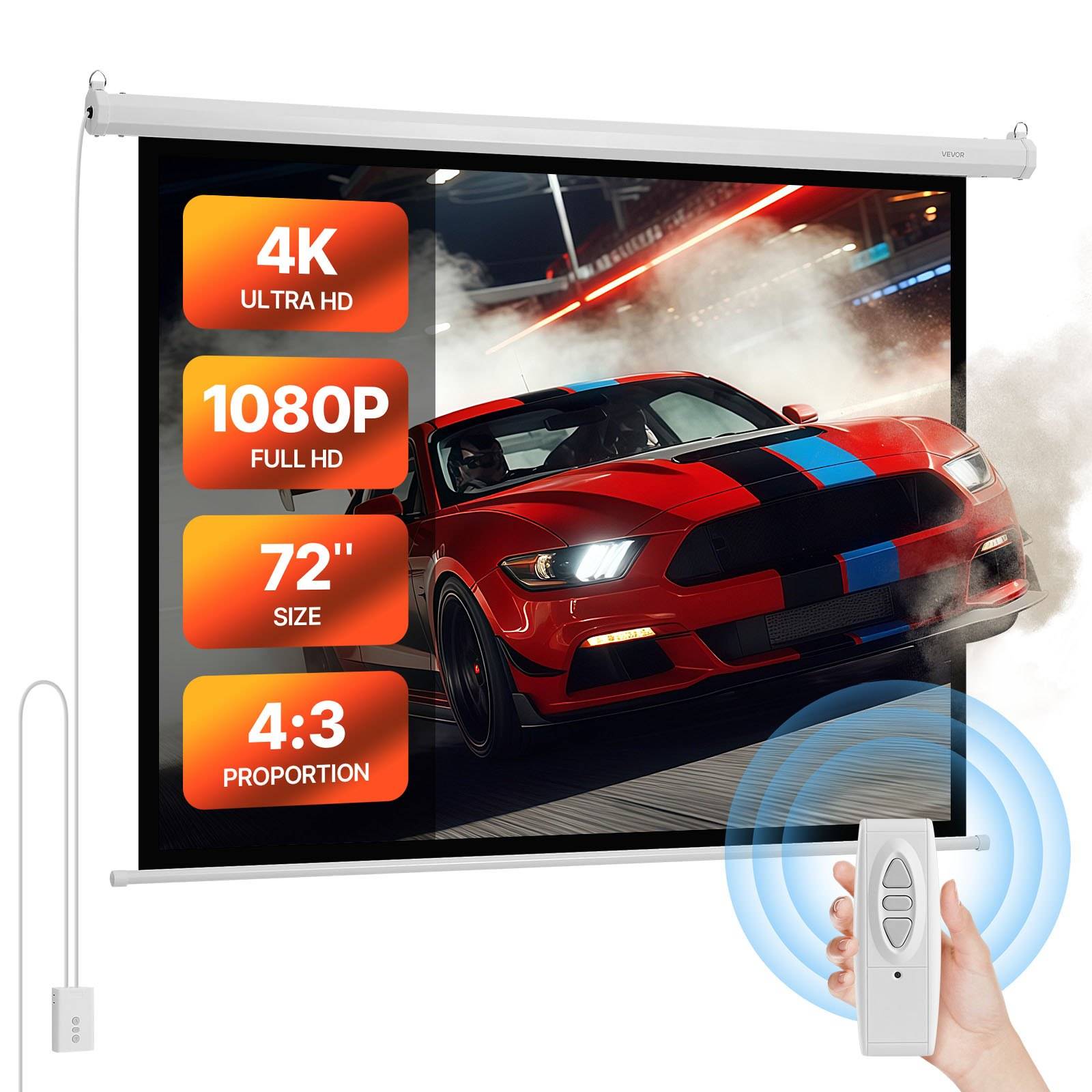 Motorisierte Projektionsleinwand mit einem roten Sportwagenbild, mit Beschriftungen für 4K Ultra HD, 1080P Full HD, 72-Zoll-Größe und 4:3-Seitenverhältnis, sowie eine Fernbedienung in der Hand.