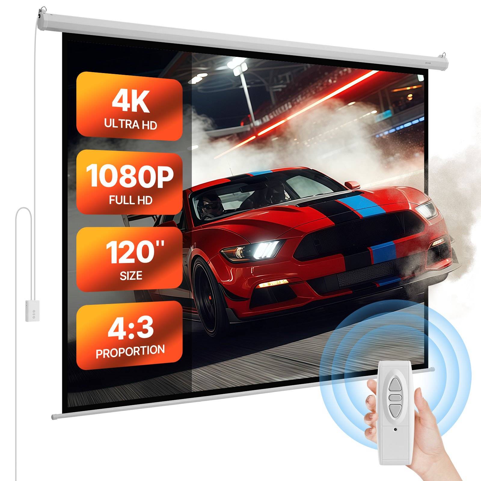 Motorisierte Projektionsleinwand zeigt eine rote Sportwagenannonce mit Beschriftungen für 4K Ultra HD, 1080P Full HD, 120-Zoll-Größe und 4:3-Format.