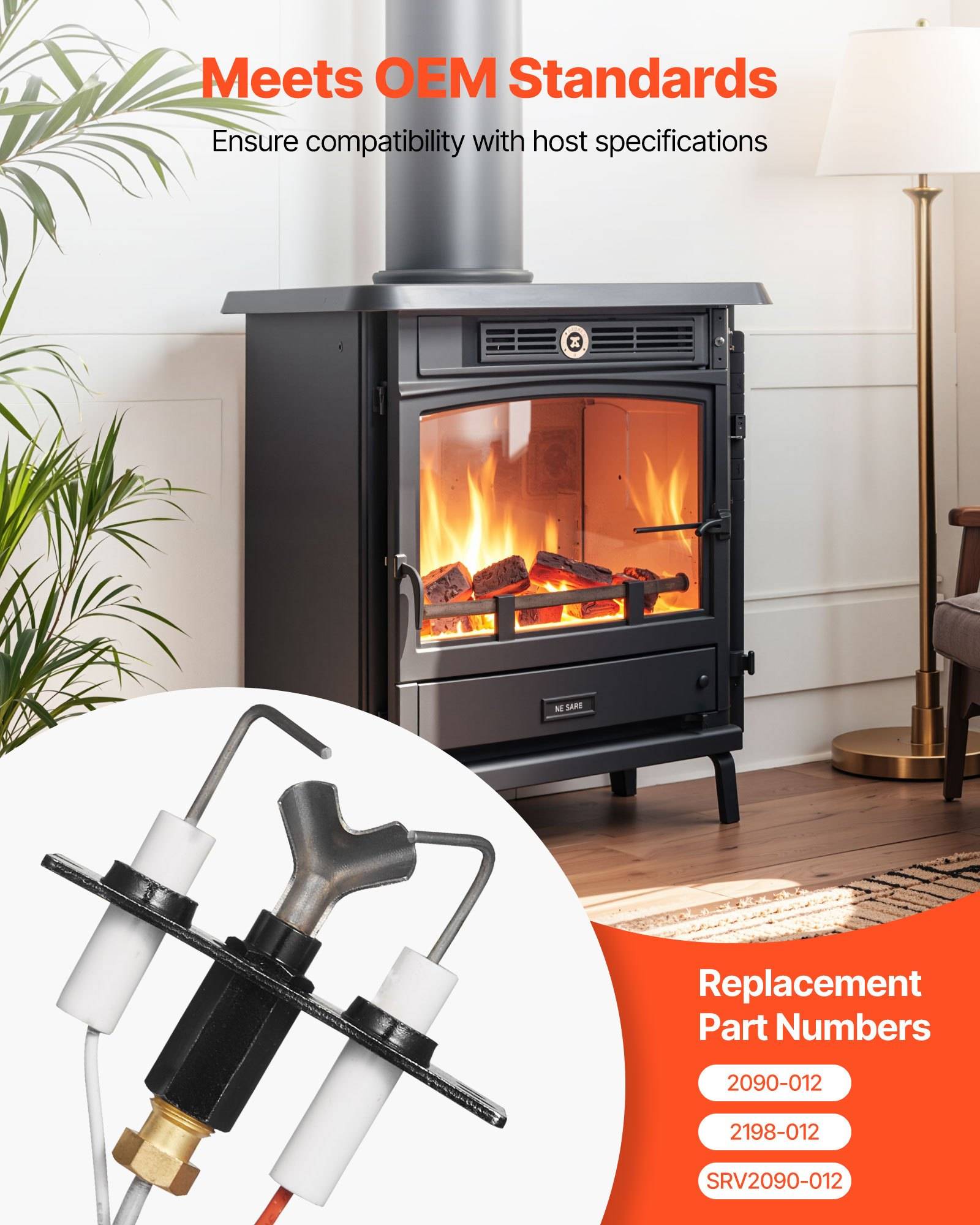 Holzofen, der in einem Wohnzimmer brennt, überlagert mit Text „Erfüllt OEM-Standards" und „Ersatzteilnummern"" mit Auflistung 2090-012, 2198-012 und SRV2090-012.