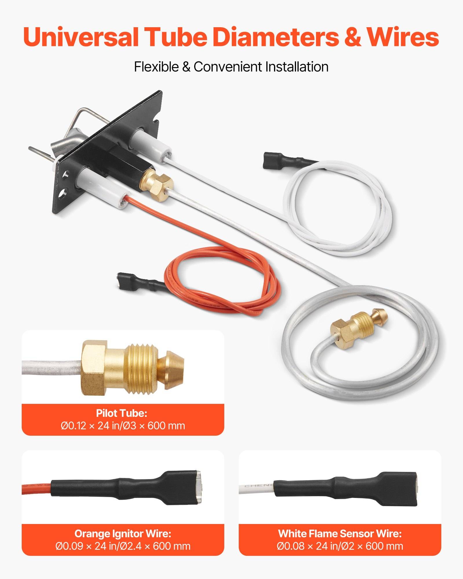 Infografik mit dem Titel „Universelle Rohrdurchmesser und Drähte" mit einem flexiblen Installationssatz mit Pilotrohr, orangefarbenem Zünddraht und weißem Flammensenordraht, jeweils mit Maßangaben gekennzeichnet.