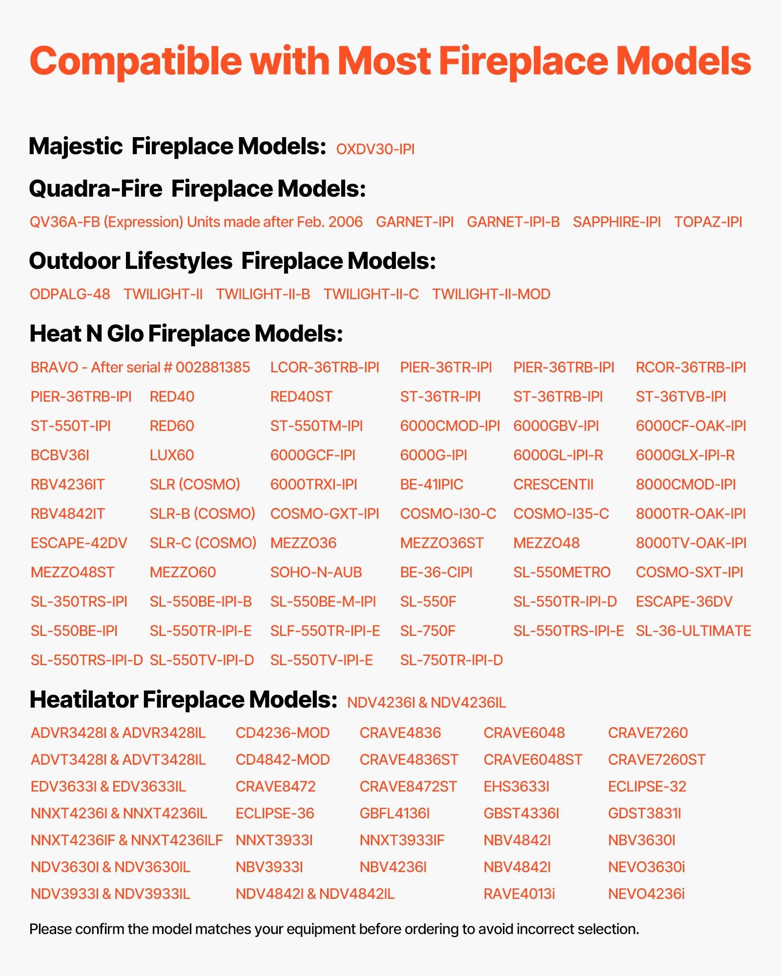 Kompatibilitätsdiagramm zeigt, welche Kaminmodelle zu verschiedenen Heat and Glow, Outdoor und Majestic Kaminen passen, mit Modellnummern in rot unter jeder Marke aufgelistet.