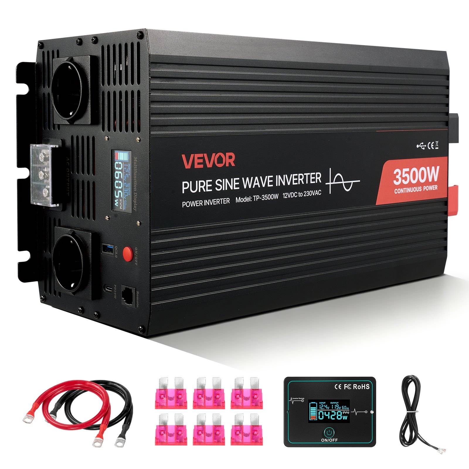 VEVOR Reine-Sinus-Wechselrichter, 3500W Dauerleistung, gezeigt mit roten und schwarzen Kabeln, Sicherungen, einem Display-Panel und einem Stromkabel.