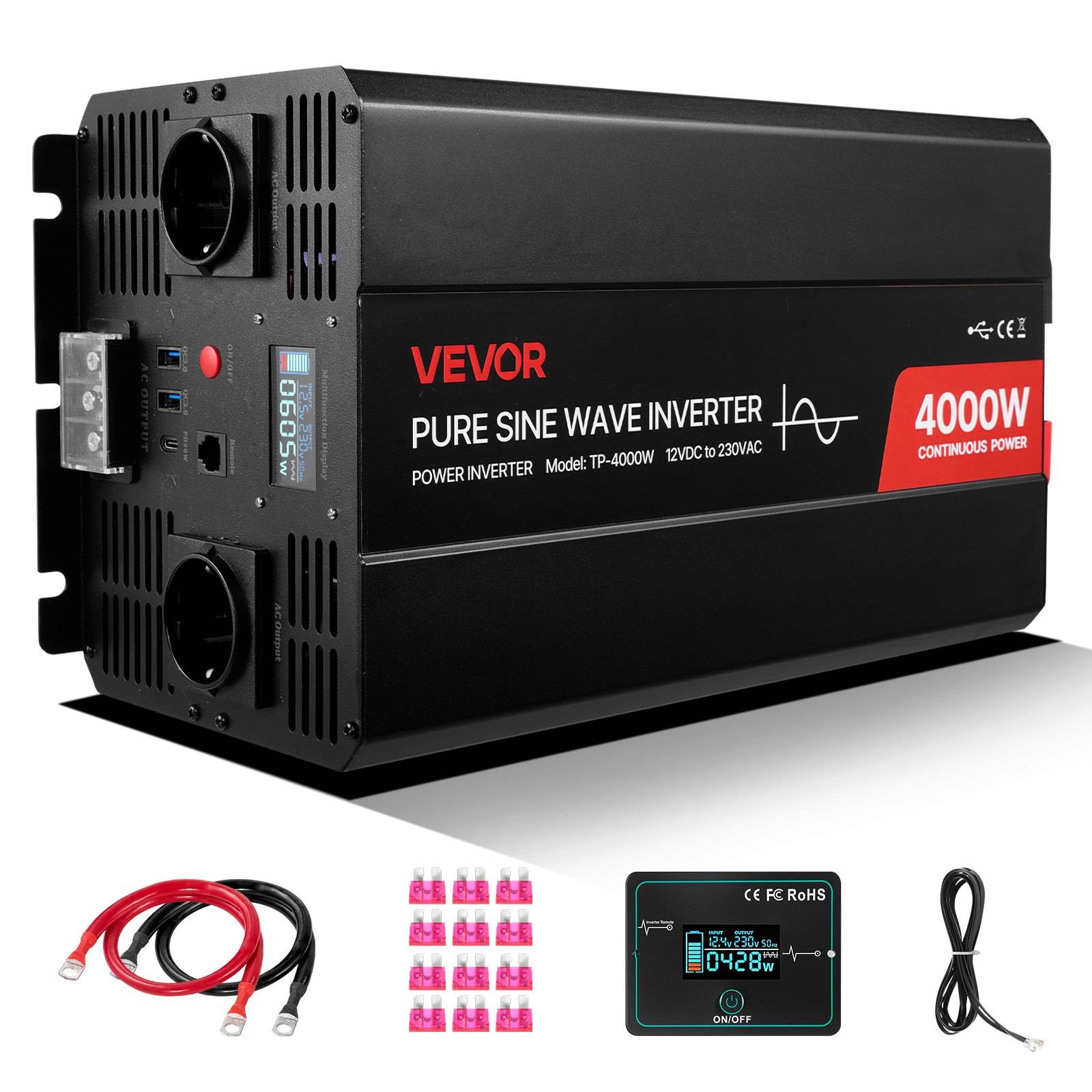 VEVOR Reine-Sinus-Wechselrichter, 4000W Dauerleistung, abgebildet mit enthaltenen Kabeln, Sicherungsverbindungen, Fernbedienung und Steuerkabel.