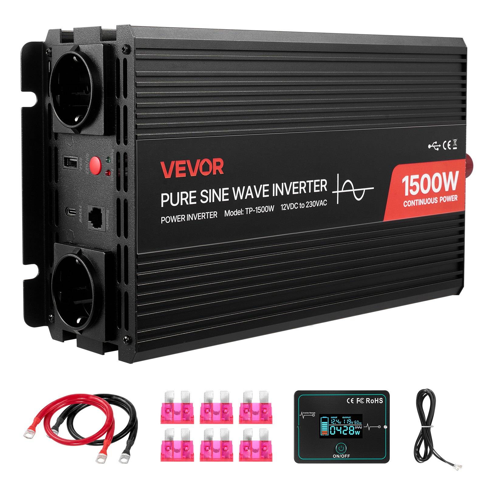 Produktbild eines VEVOR Reine-Sinus-Wechselrichters mit 1500W Dauerleistung, dargestellt mit Kabeln, Sicherungshaltern und einem kleinen Anzeigefeld.