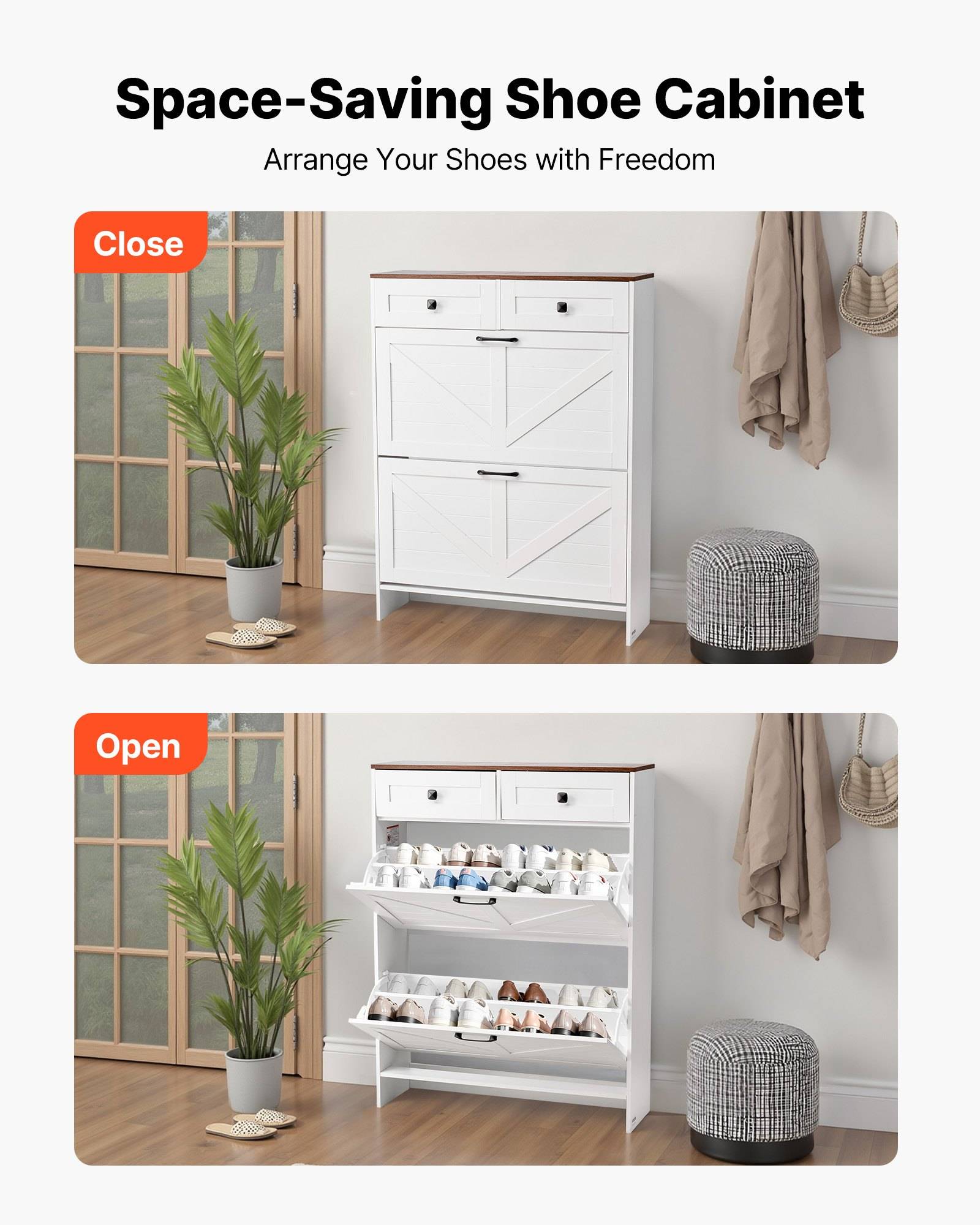 Werbebild eines platzsparenden Schuhrankels, dargestellt geschlossen und geöffnet, mit dem Titel „Platzsparender Schuhschrank" und dem Untertitel „Arrangieren Sie Ihre Schuhe mit Freiheit"".