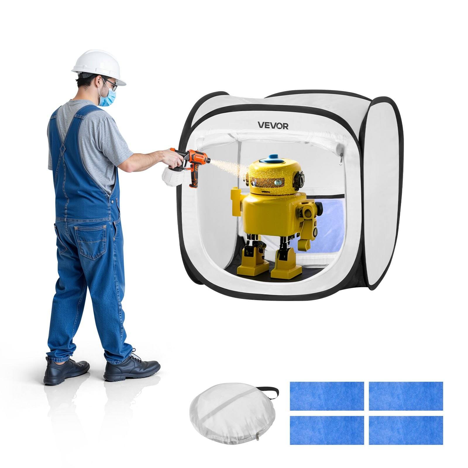 Arbeiter in Schutzhelm und Maske sprüht Farbe auf einen Roboter in einer tragbaren Sprühkabine, mit einer zusammengeklappten Abdeckung und Ersatzfilterpaneelen darunter dargestellt.