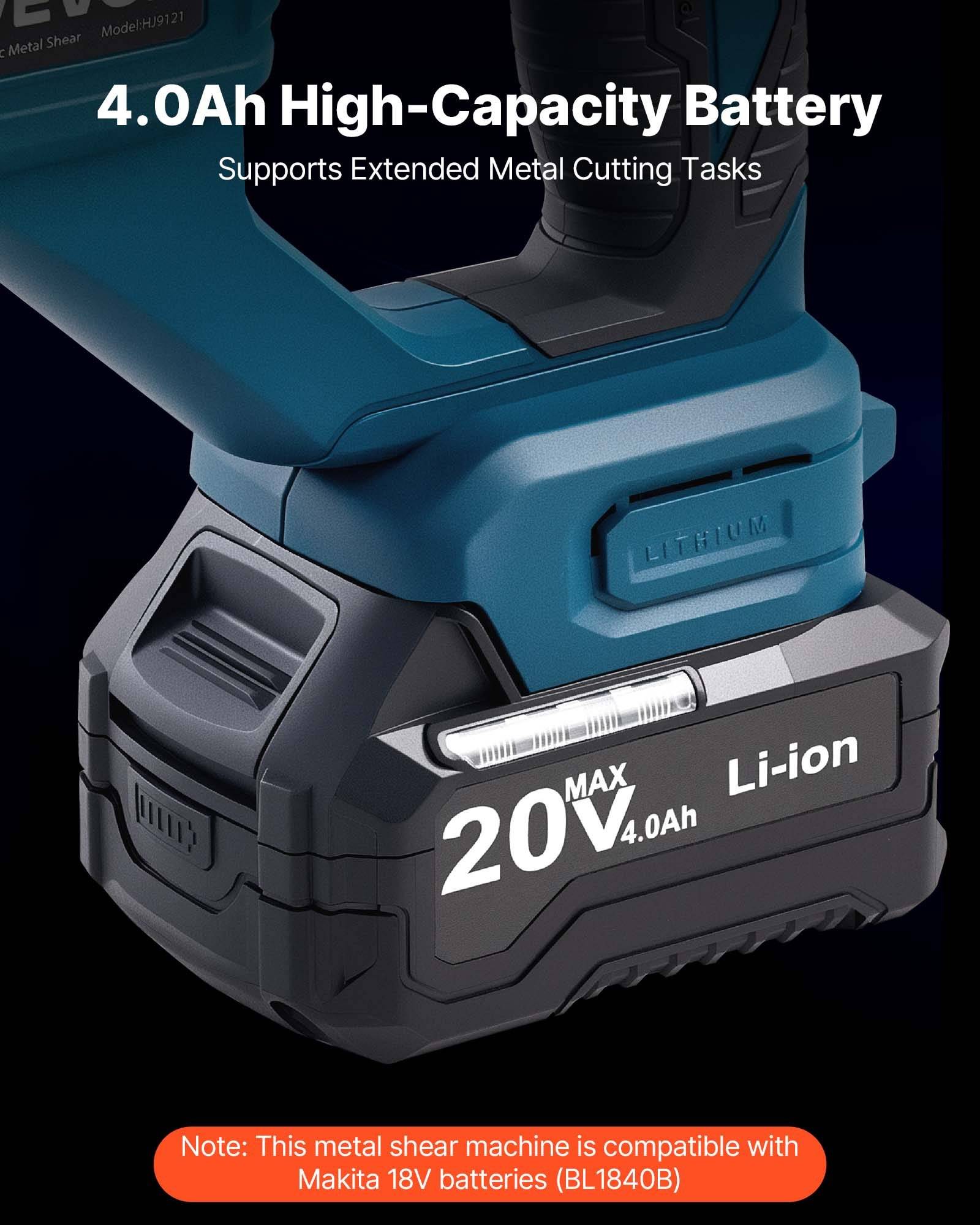 Nahaufnahme einer kabellosen Metallschere aus Metall mit einem 20V 4,0Ah Li-Ionen-Akku; der Text besagt, dass sie erweitertes Metallschneiden unterstützt und mit 18V Makita-Batterien kompatibel ist.