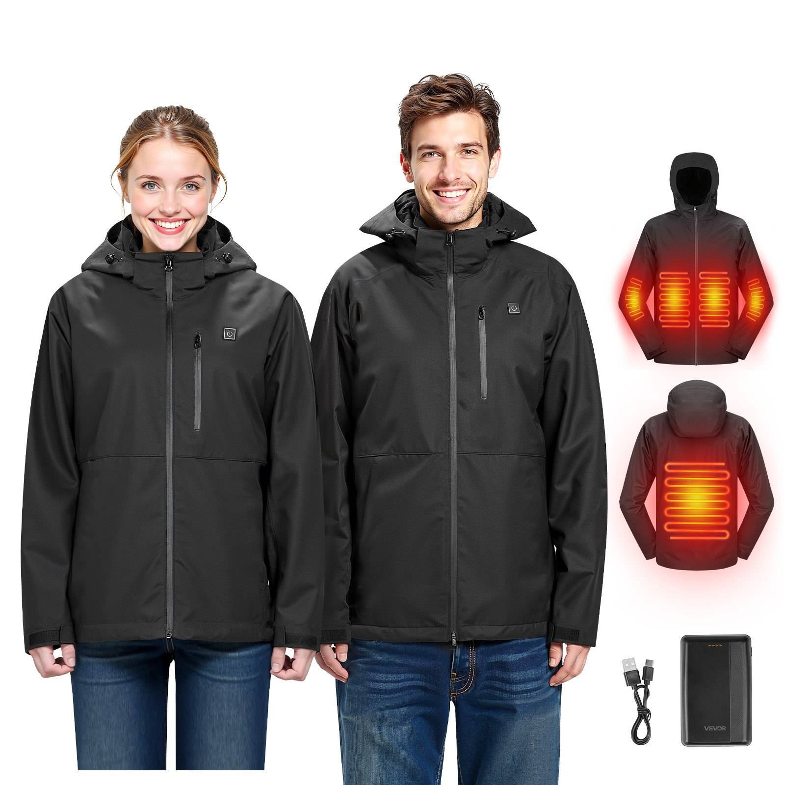 Schwarze Jacke mit Kapuze und Wärmefunktion, gezeigt an einer Frau und einem Mann, mit leuchtenden Wärmezonen vorne und hinten, plus USB-Ladekabel und Akkupack.