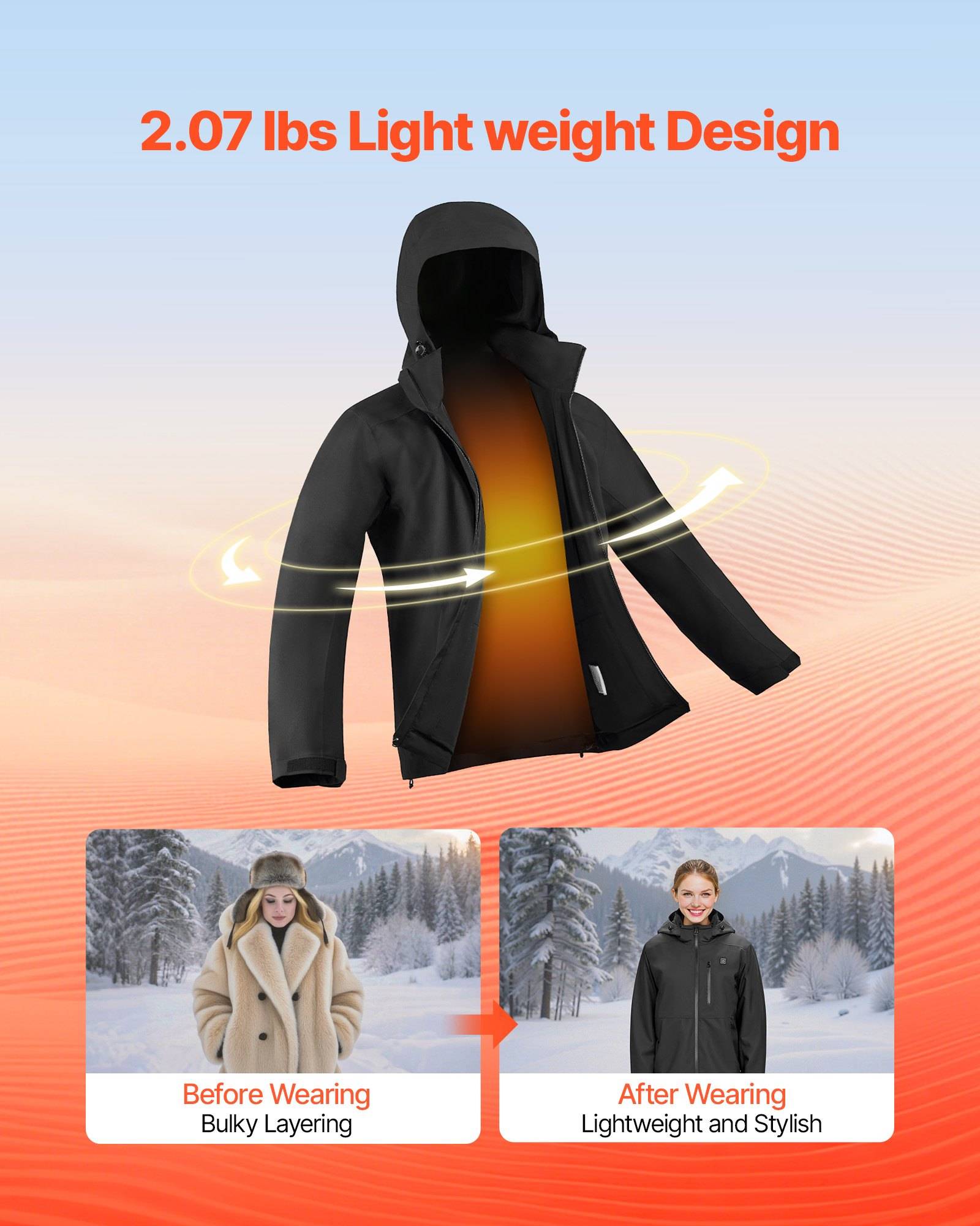 Schwarze Kapuzenjacke mit einem Gewicht von 2,07 lbs, leichtes Design, mit Vorher-Nachher-Bildern, die klobiges Schichtenspiel mit einem eleganten, stilvollen Look im Schnee vergleichen.