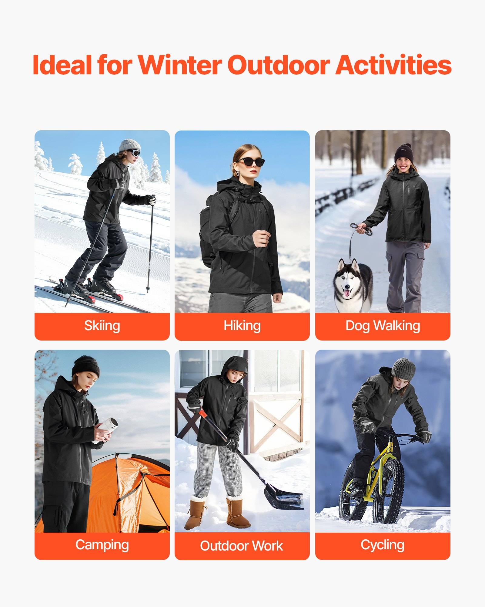 Infografik mit dem Titel "Ideal für Winteraktivitäten im Freien"" zeigt sechs Aktivitäten: Skifahren, Wandern, Hundeausführen, Camping, Outdoor-Arbeit und Radfahren, jeweils mit einer Person in Winterkleidung.
