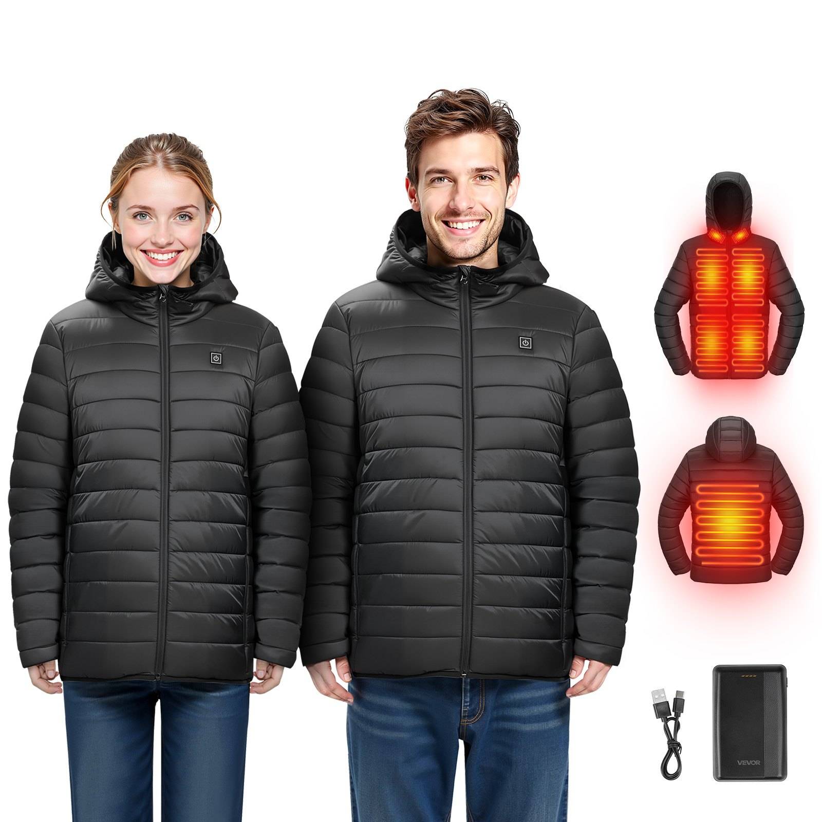 Zwei Modelle tragen schwarze Kapuzengekürte wärmende Jacken, mit Seitenabbildungen, die Wärmezonen und ein Akkupack mit USB-Kabel zeigen.