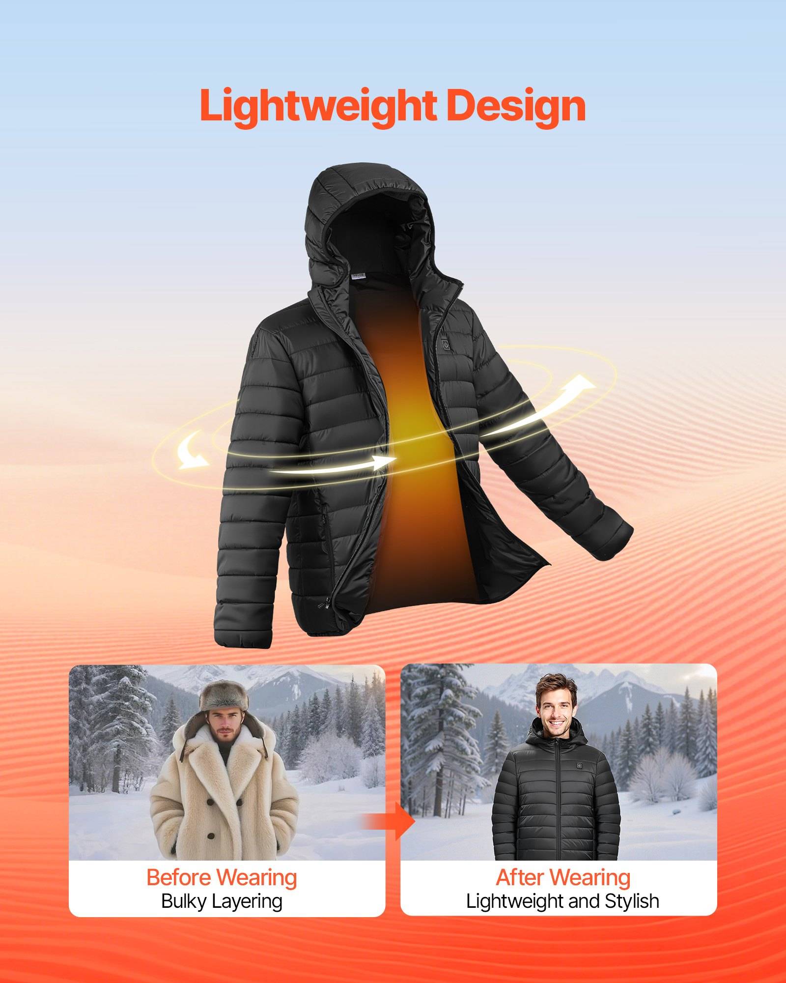 Werbegrafikk für eine schwarze Kapuzensteppjacke mit der Bezeichnung „Leichtes Design", die schwebend mit Glüheffekt dargestellt ist, sowie ein Vorher-Nachher-Vergleich: sperrige Schichtung versus leichte und stilvolle Passform im Schnee.