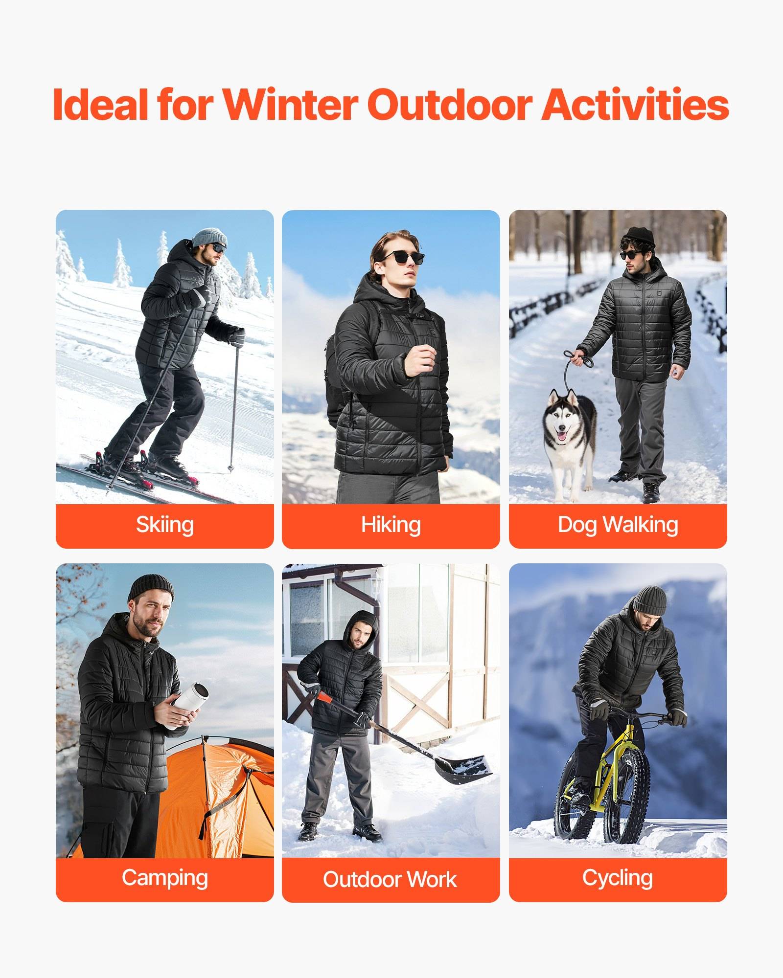 Infografik mit dem Titel „Ideal für Winteraktivitäten im Freien" zeigt eine schwarze isolierte Jacke, die zum Skifahren, Wandern, Spaziergang mit dem Hund, Camping, Außenarbeit und Radfahren getragen wird.