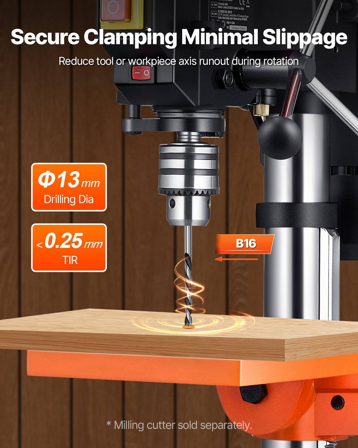 Bohrmaschine sichert einen Bohrer über Holz fest ein, fördert minimales Rutschen und reduzierte Ausschlagverzögerung; Beschriftungen zeigen 13-mm-Bohrdurchmesser, unter 0,25-mm-TIR und B16-Spannfutter.