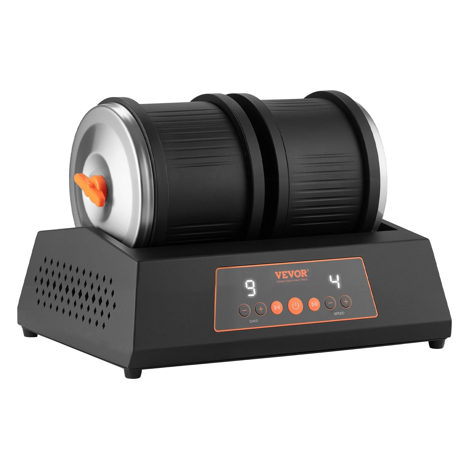 Elektrische Trommelpoliermaschine mit rotierender Trommel, digitalem Bedienfeld und seitlichen Belüftungslöchern auf schwarzem Sockel.