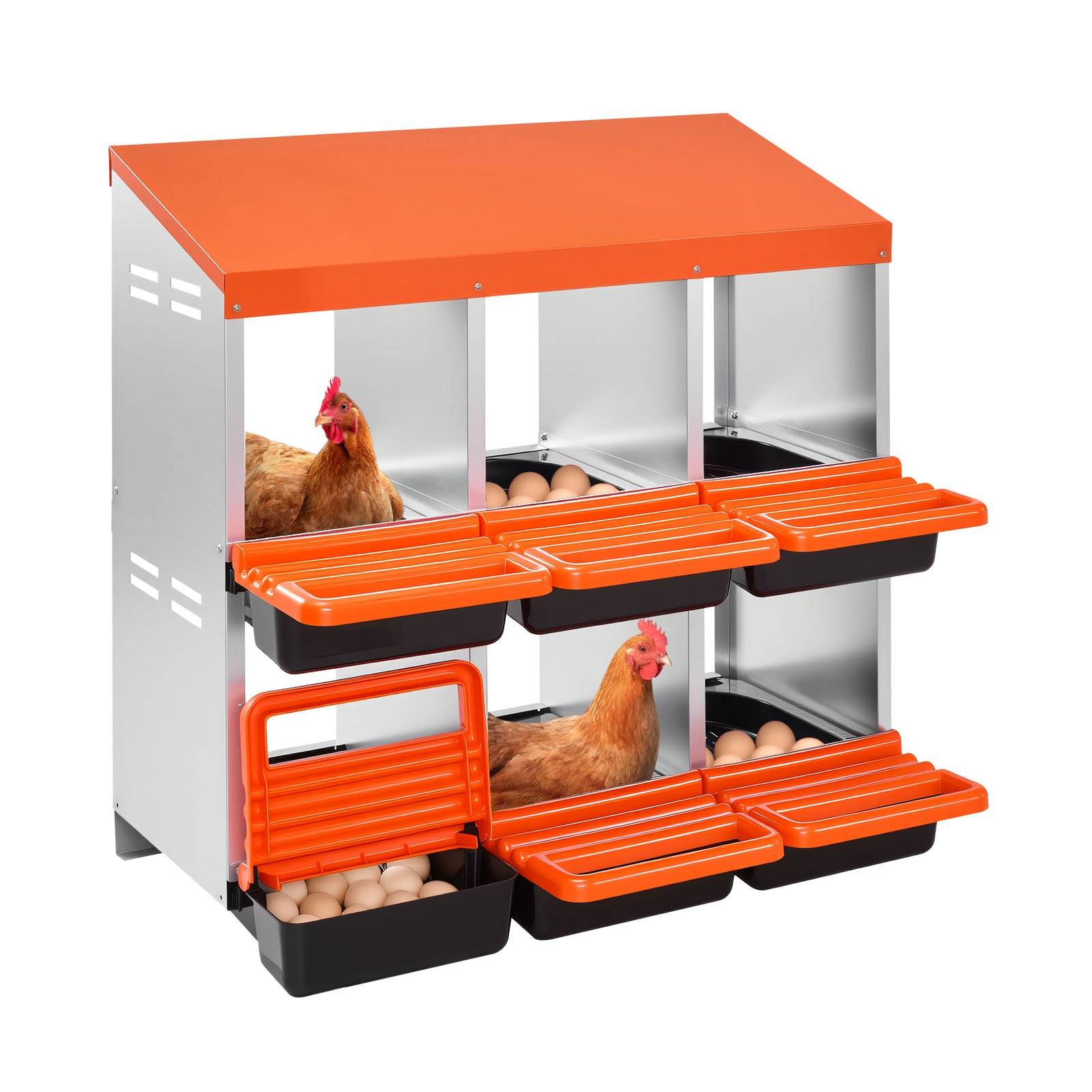 Orange-silberner Hühnerstall mit sechs Nistboxen und ausziehbaren Eierbehältern, mit Hühnern und Eiern im Inneren.