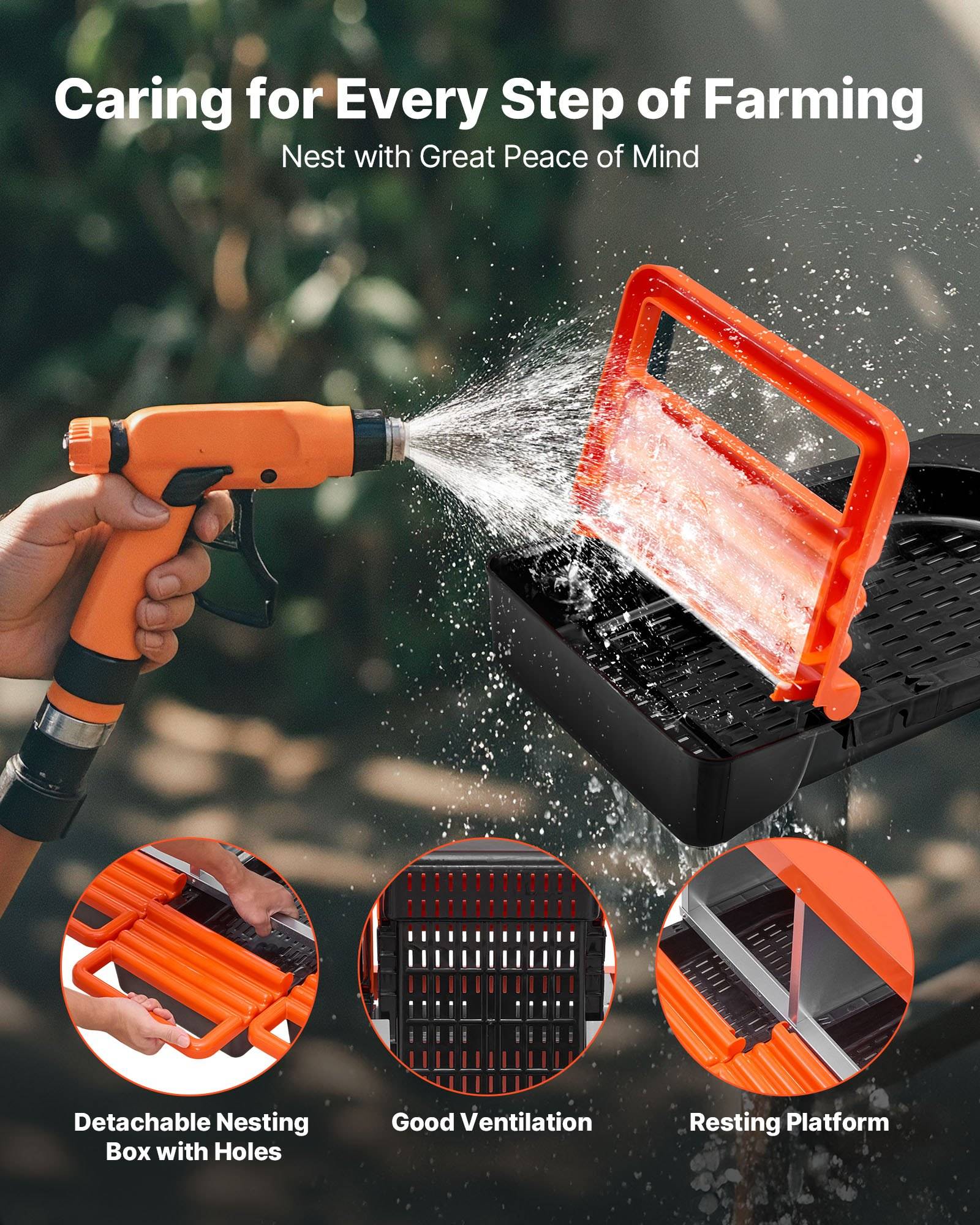 Werbebild einer Hand, die mit einer Sprühdüse ein orange-schwarzes Geflügel-Nistkasten wäscht, mit Text, das einfache Pflege, Belüftung und eine Ruheplattform hervorhebt.
