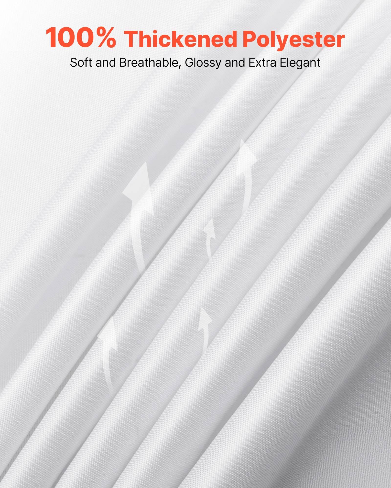 Strukturierter weißer Stoff mit Pfeilen und dem Text „100% verdicktes Polyester" und „Weich und atmungsaktiv, glänzend und besonders elegant"", das zeigt ein langlebiges, atmungsaktives Material.