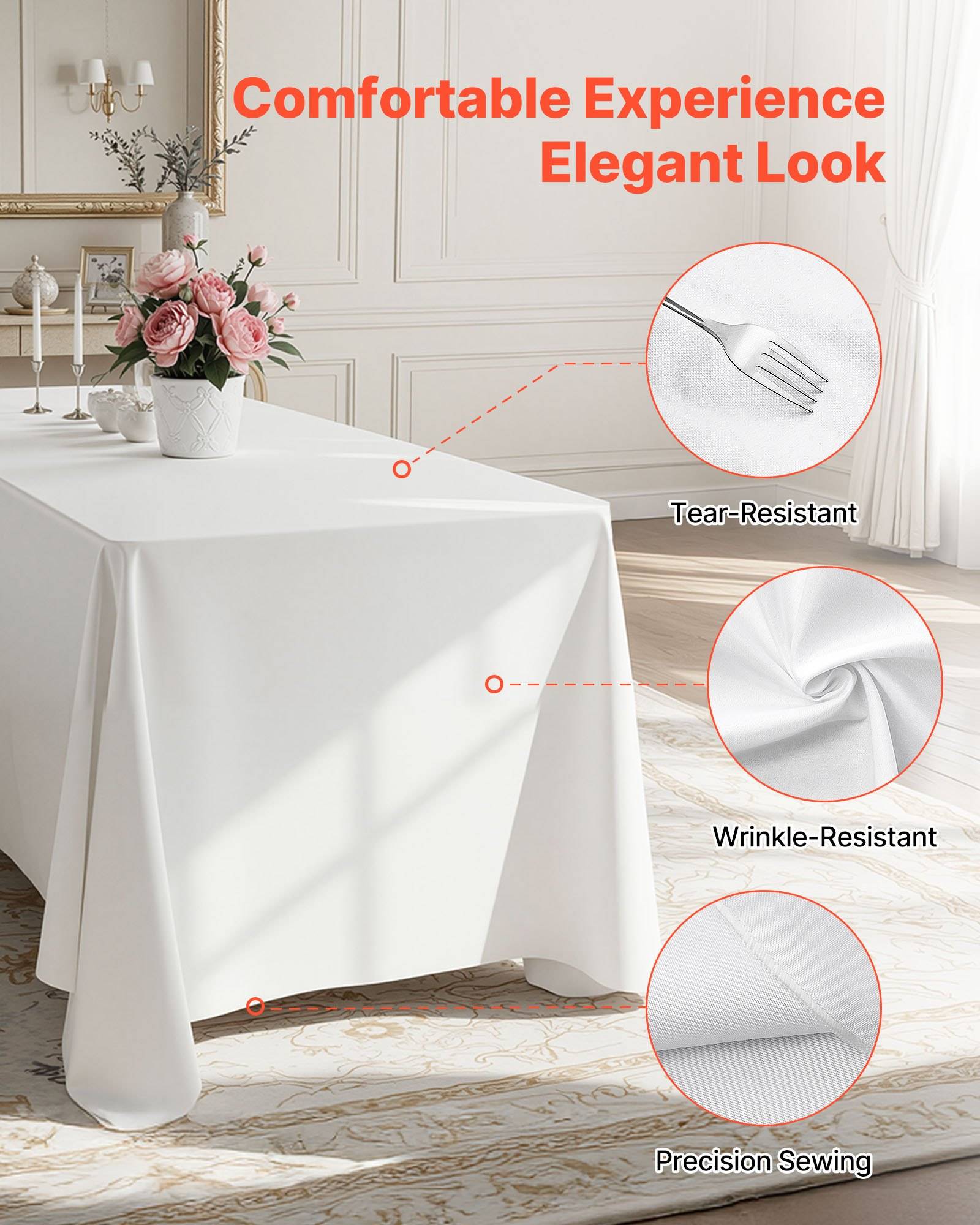 Werbebild einer weißen Tischdecke auf einem Esstisch mit der Beschriftung „Komfortable Erfahrung, elegantes Aussehen" mit Hervorhebung der Eigenschaften reißfest, knitterfrei und präzisions-genähte Nähte.