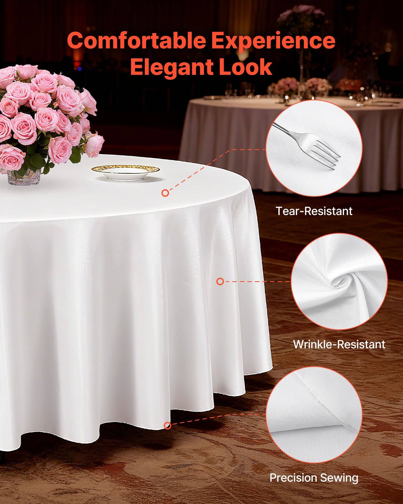 Werbebild einer weißen runden Tischdecke auf einem Bankettisch mit Rosen, das "Komfortables Erlebnis Eleganter Look"" hervorhebt und folgende Merkmale präsentiert: reißfest, knitterfest, präzise Verarbeitung.