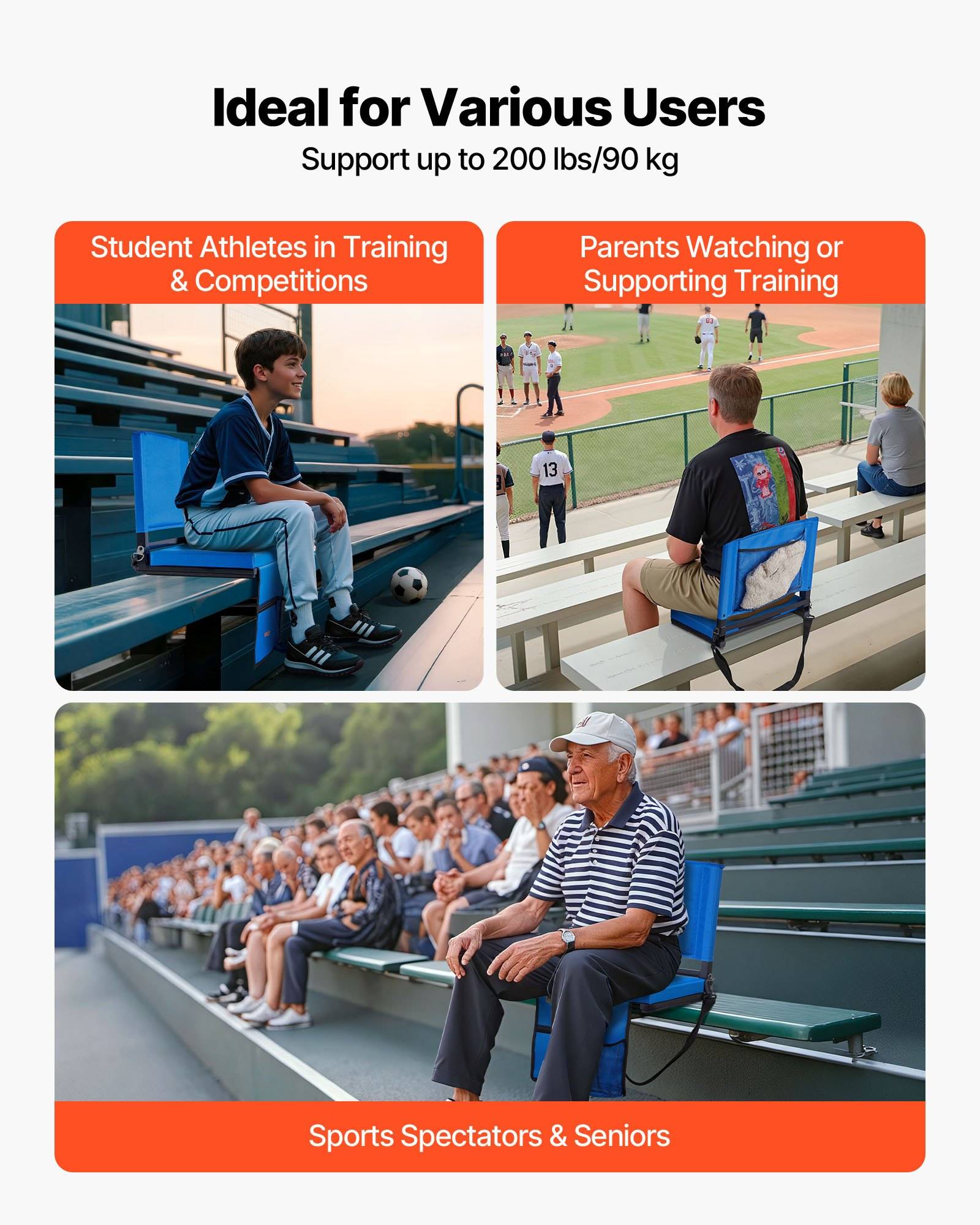 Werbegrafik mit dem Titel „Ideal für verschiedene Benutzer" zeigt einen Stadionplatz, der für Studentenathleten, Eltern, Zuschauer und Senioren geeignet ist und ein Gewicht von bis zu 200 lbs/90 kg trägt.