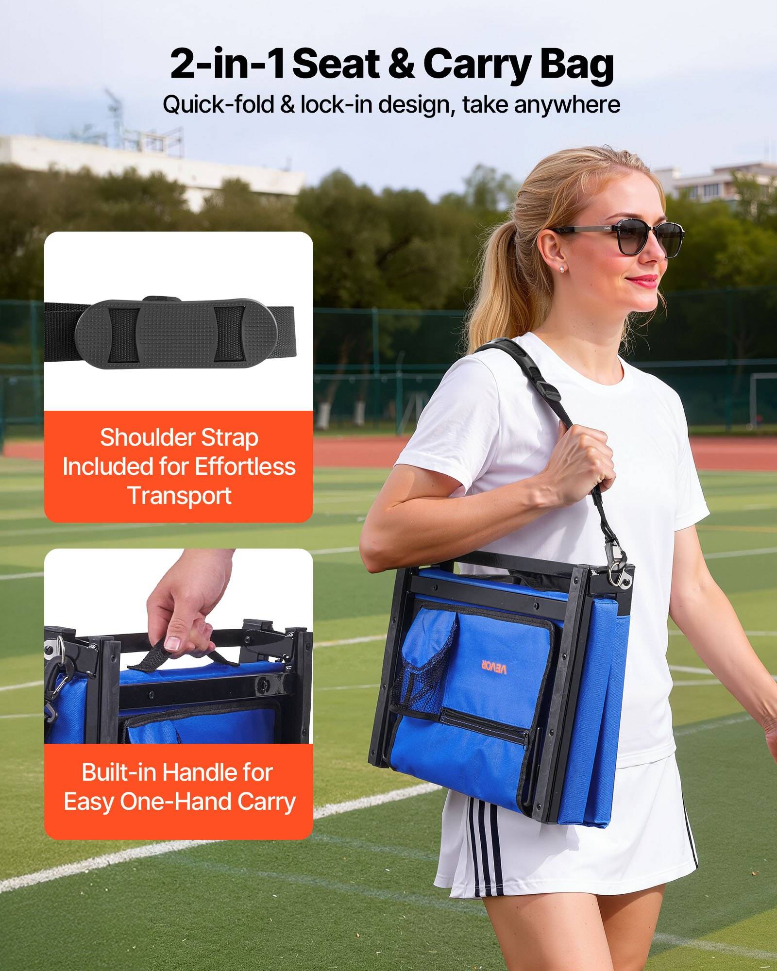 Werbebild einer tragbaren Klappbank, die von einer Frau als Tasche auf einem Sportplatz getragen wird, mit Text, der "2-in-1-Sitz & Transporttasche"", Schultergurt und eingebauten Griff hervorhebt.