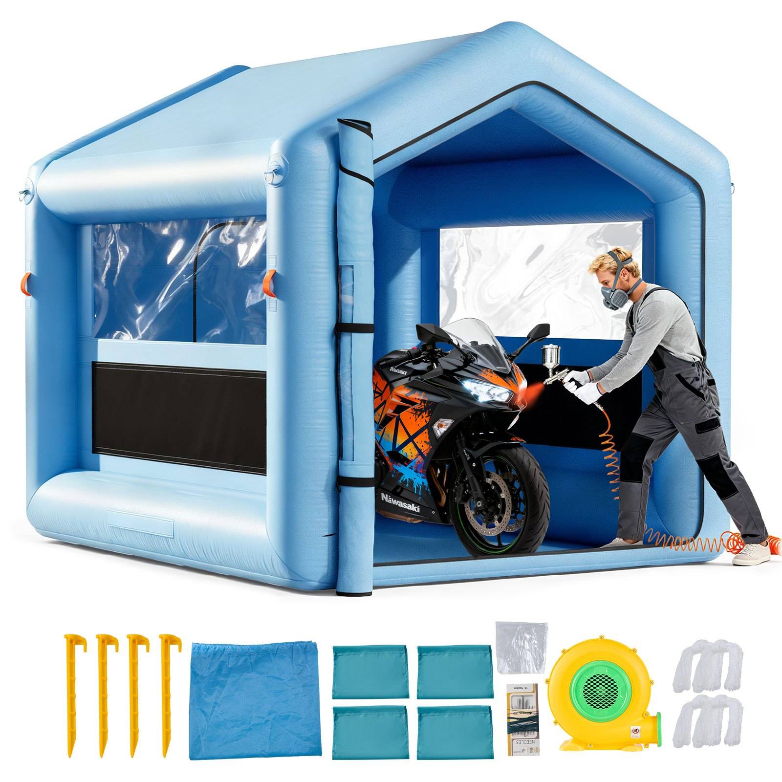 Aufblasbarer Motorradwaschbereich mit einem Mann, der ein Sportmotorrad reinigt; im Lieferumfang enthalten sind Heringe, Stoffpaneele, Reparaturset, Gebläse und Handschuhe.