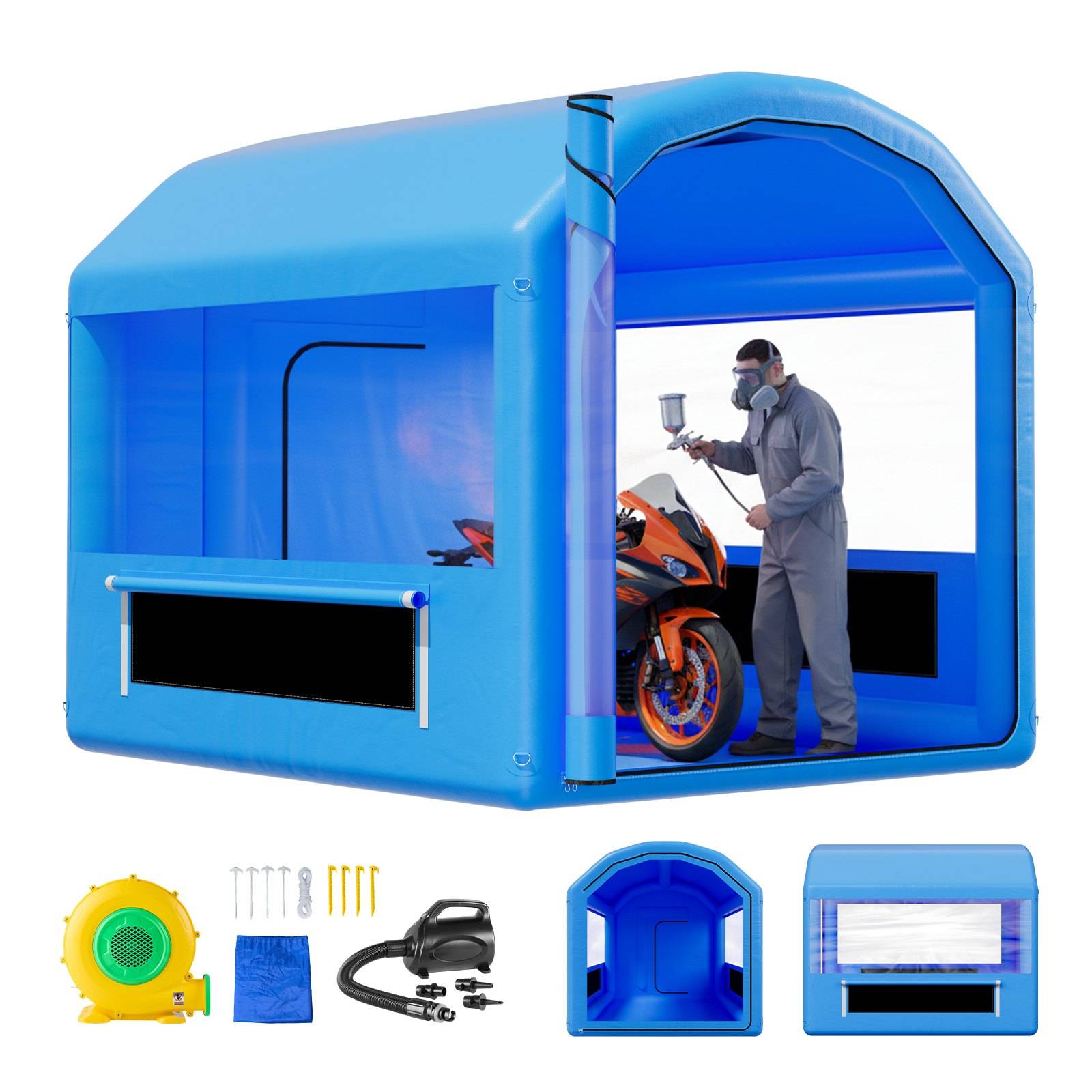 Blauer aufblasbarer Spritzbooth mit einem Techniker, der eine Spritzpistole auf einem Motorrad verwendet, sowie kleine Ansichten des Booths und der mitgelieferten Zubehörteile.