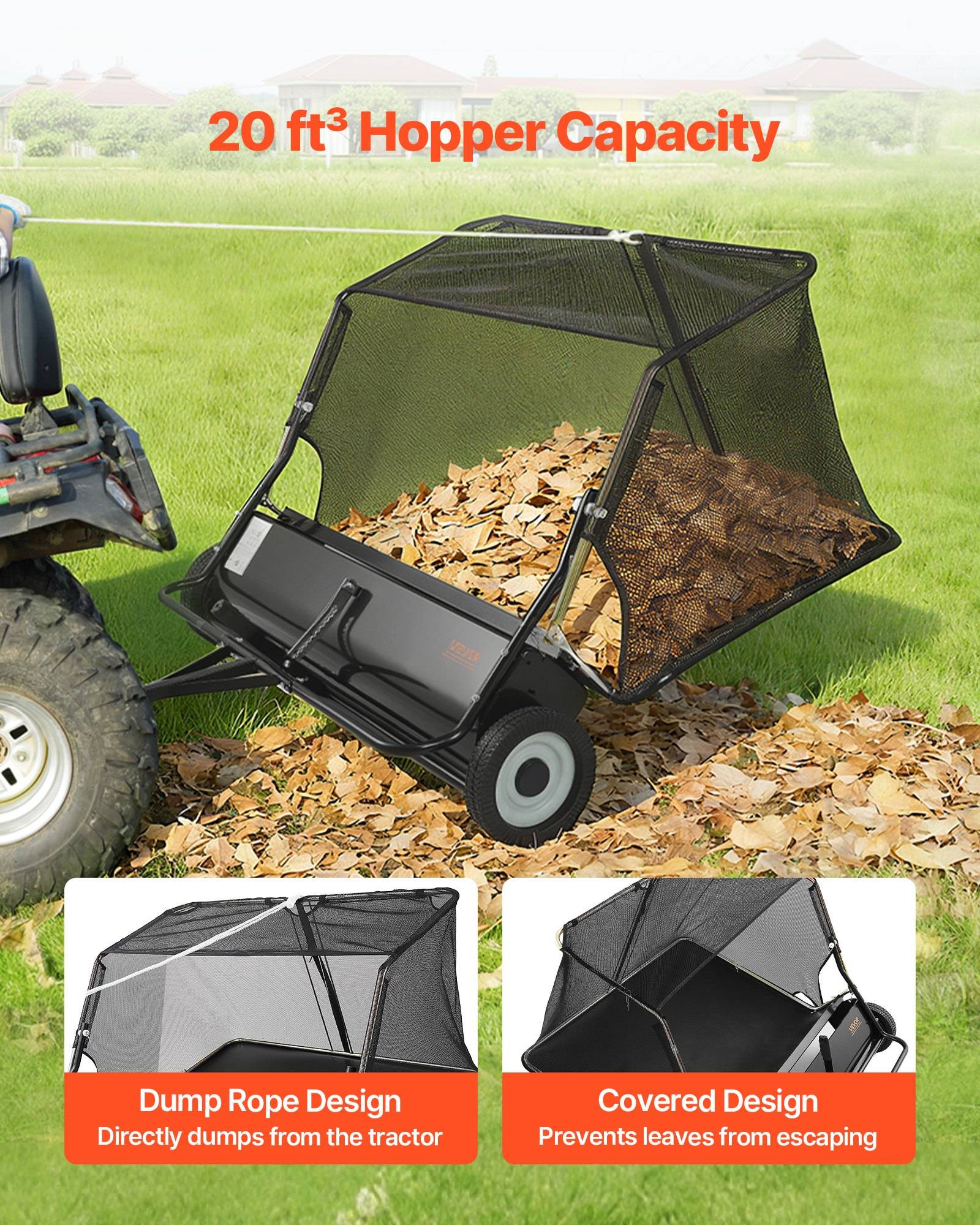 Laubsammel-Hopferwagen an einen Traktor angehängt, gekennzeichnet mit „Fassungsvermögen 20 Kubikfuß", mit Detailansichten von Kippseil und Abdeckungsdesigns.