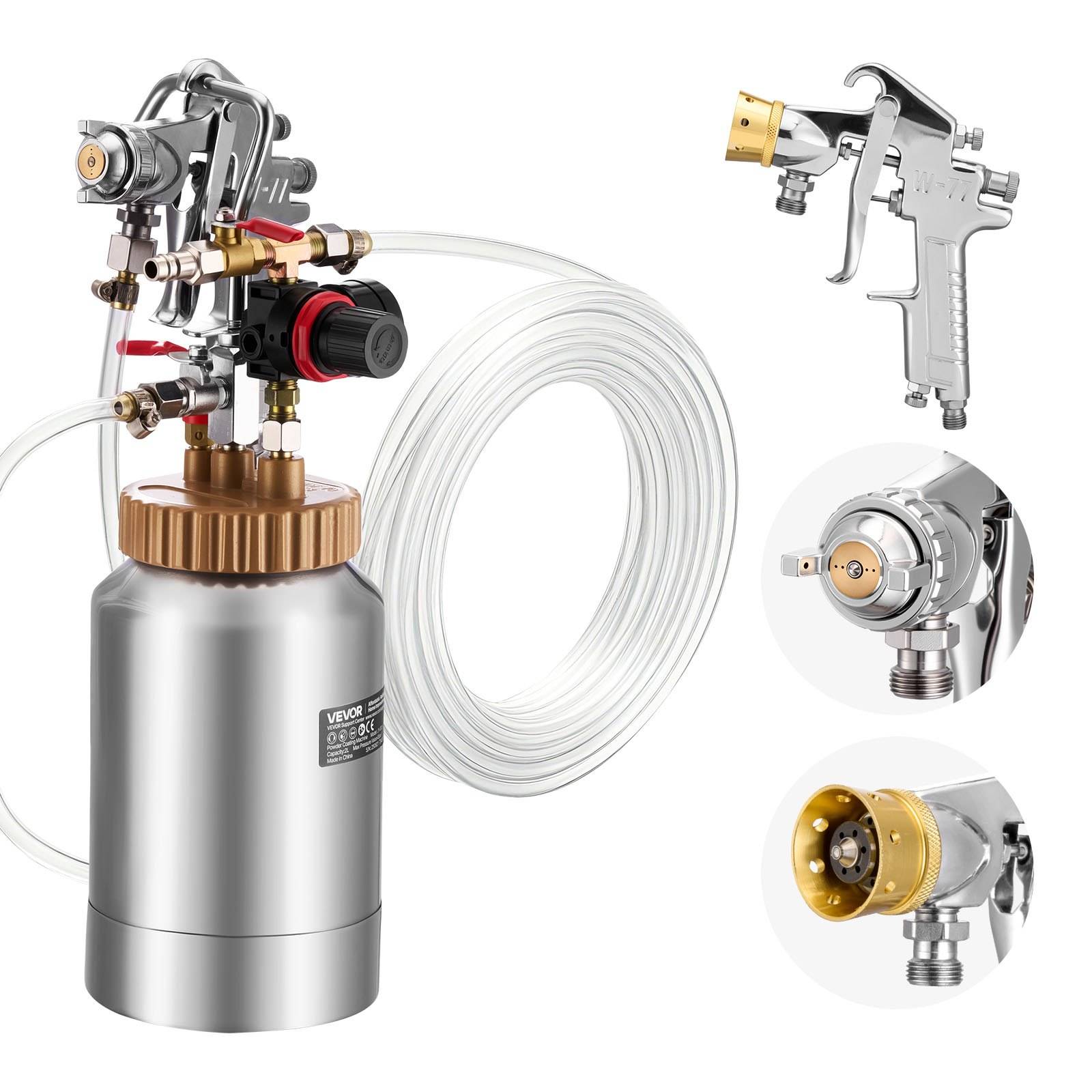 Silberne Spritzpistole mit angebrachtem Metallfarbbehälter und durchsichtigen Schläuchen, plus Nahaufnahmen der austauschbaren Düseneinstellungen auf der rechten Seite.