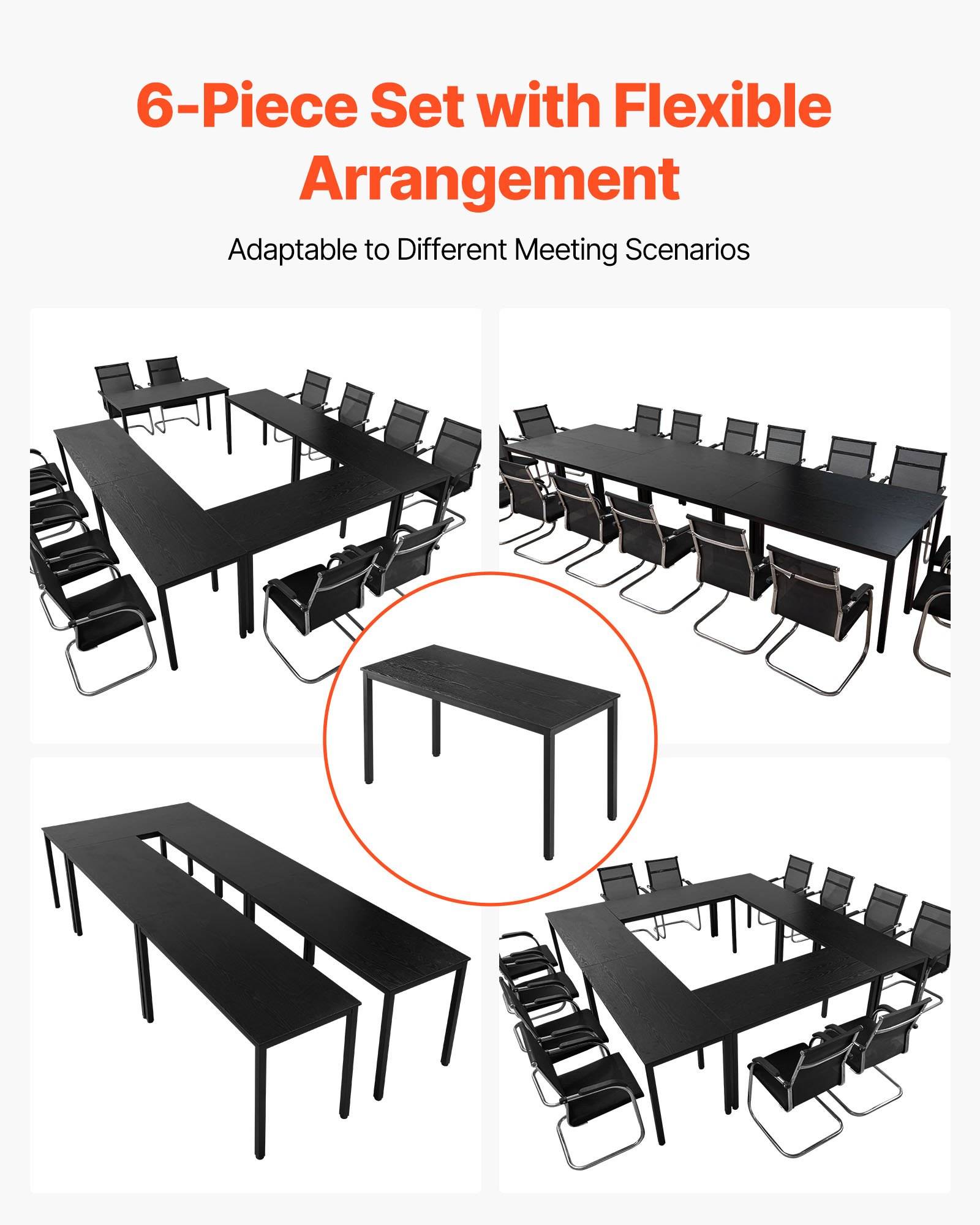 Werbelayout mit einem 6-teiligen schwarzen Konferenztischset, das in mehreren Konfigurationen um einen zentralen rechteckigen Tisch angeordnet ist, mit dem Text „6-teiliges Set mit flexibler Anordnung