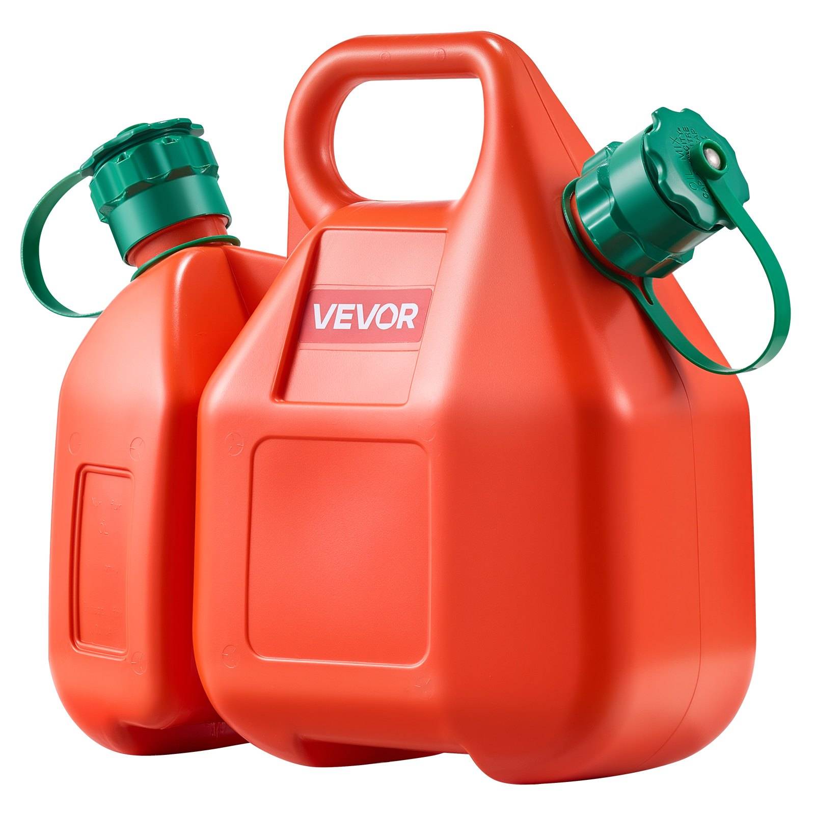 Zwei rote Dual-Fuel-Benzinkanister mit grünen Deckeln und Griffen, mit der Aufschrift 