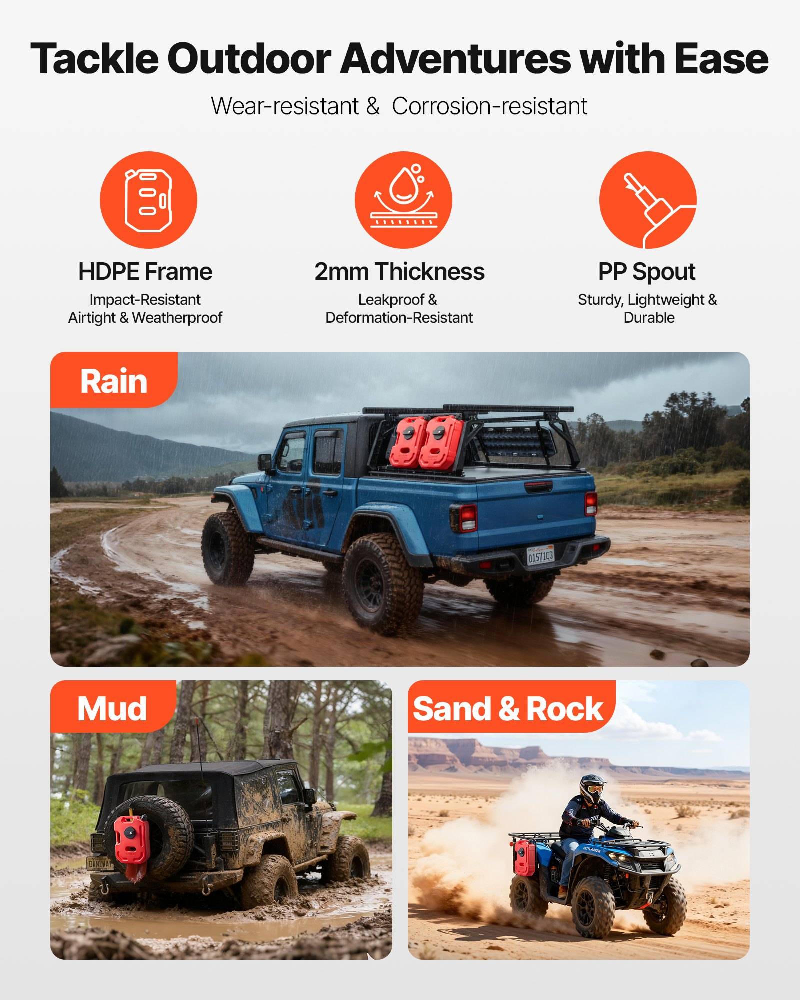 Outdoor-Abenteuer-Kraftstoff kann Werbung zeigt einen Kanister mit HDPE-Rahmen, 2 mm Dicke und PP-Ausguss; verwendet unter Regen-, Schlamm- und Sand-/Steinbedingungen.