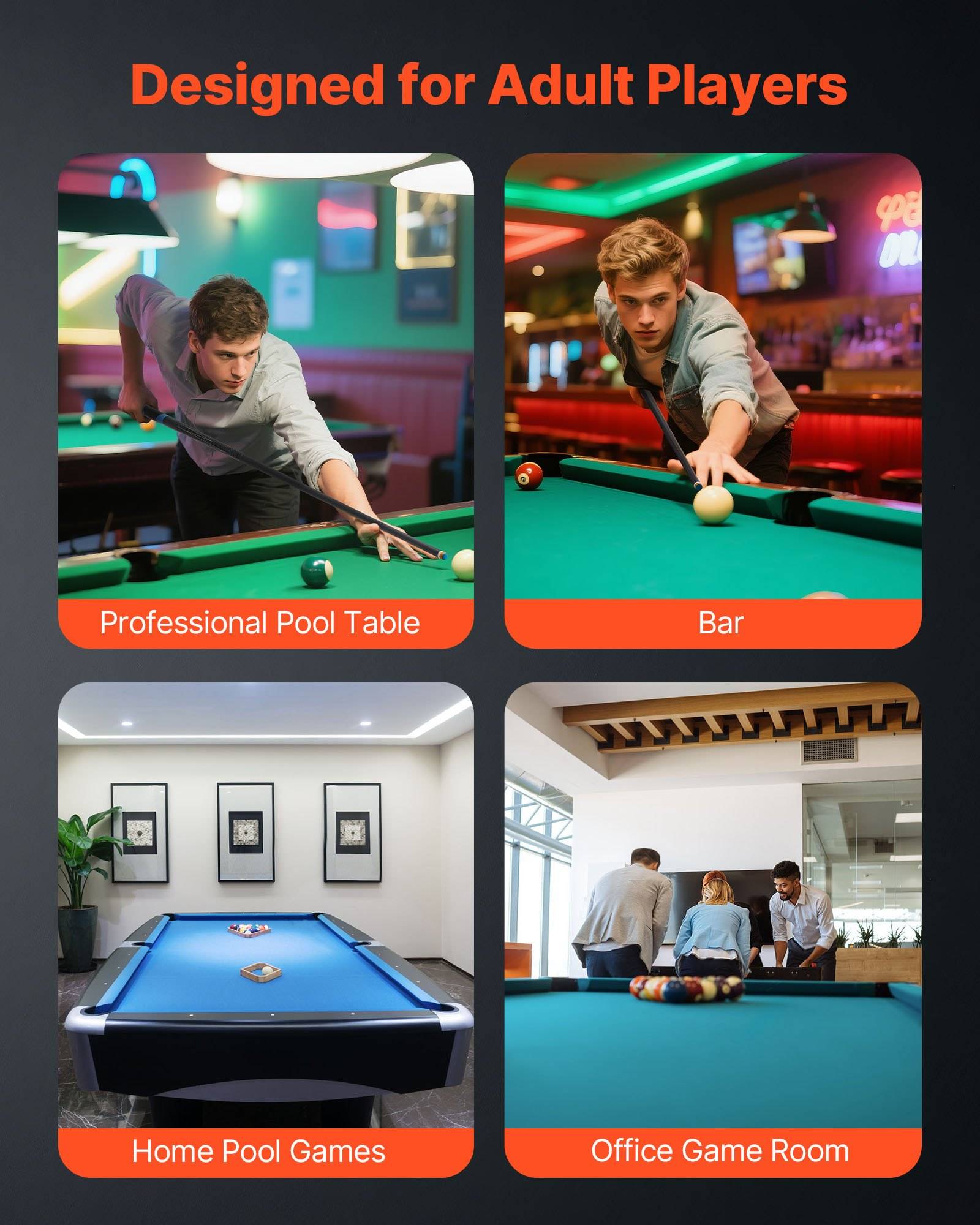 Werbegrafik mit dem Titel „Designed for Adult Players" (Für erwachsene Spieler konzipiert), die vier Billardtisch-Einrichtungen zeigt: professionell, Bar, Zuhause und Spielzimmer im Büro.