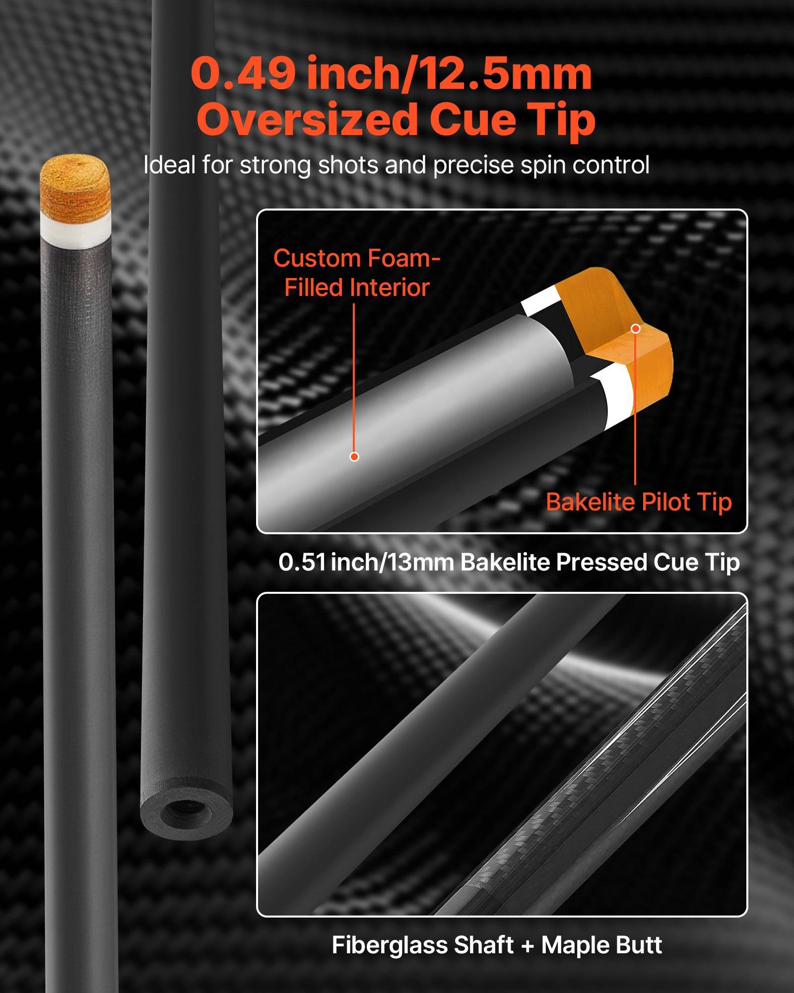 Produktgrafik einer übergroßen Queuespitze, die eine 0,49 Zoll/12,5 mm Spitze, ein maßgeschneidertes schaumgefülltes Inneres, eine Bakelit-Pilotspitze und eine 0,51 Zoll/13 mm gepresste Queuespitze mit Fiberglaswelle und Ahornschaft zeigt.