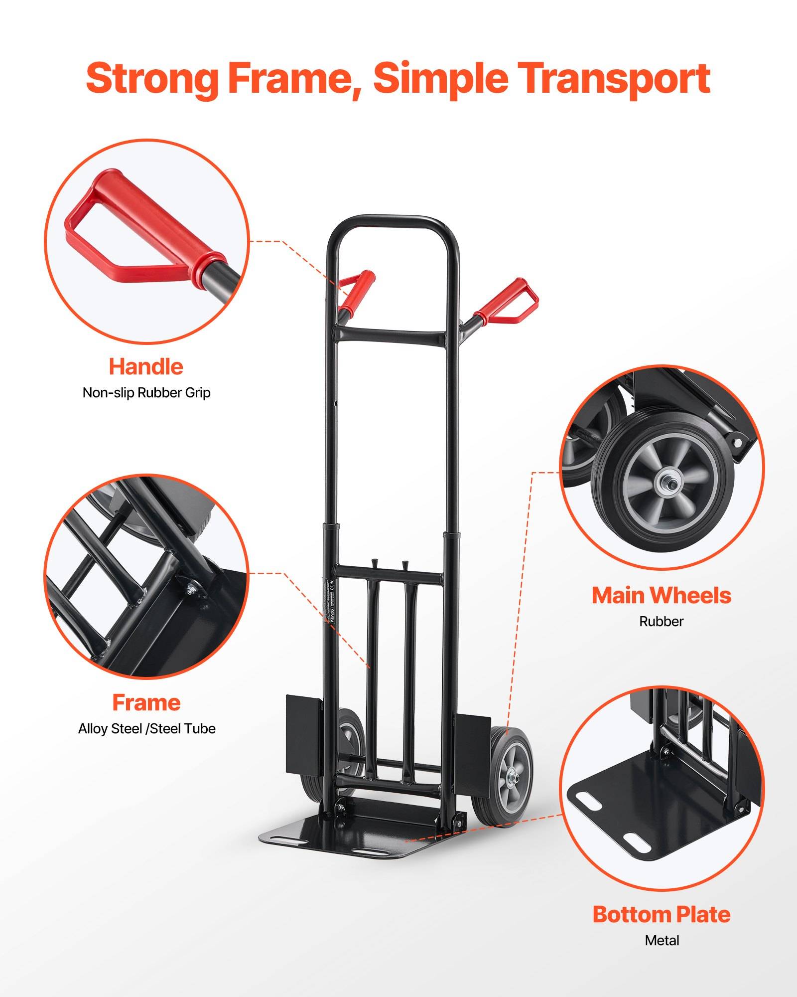Illustration eines Handwagens mit der Beschriftung „Starker Rahmen, einfacher Transport" mit rutschfestem Griff, Aluminium-Stahlrahmen, Gummireifen und Metallbodenplatte.