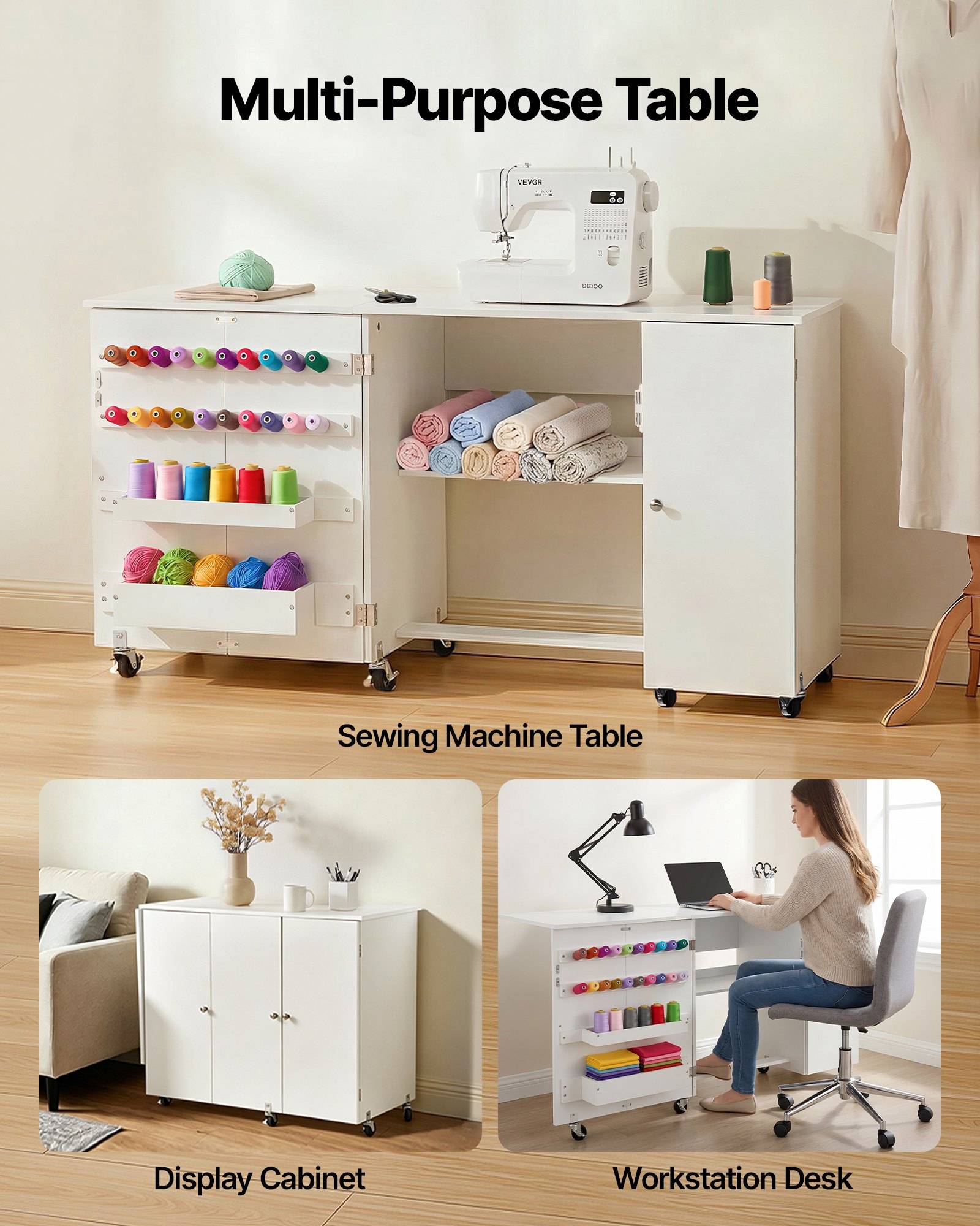 Werbebild eines weißen Multifunktionstisches, der sich in einen Nähmaschinen-Tisch, eine Vitrine und einen Arbeitsplatz-Schreibtisch umwandeln lässt, mit Ablagefächern und Rädern.