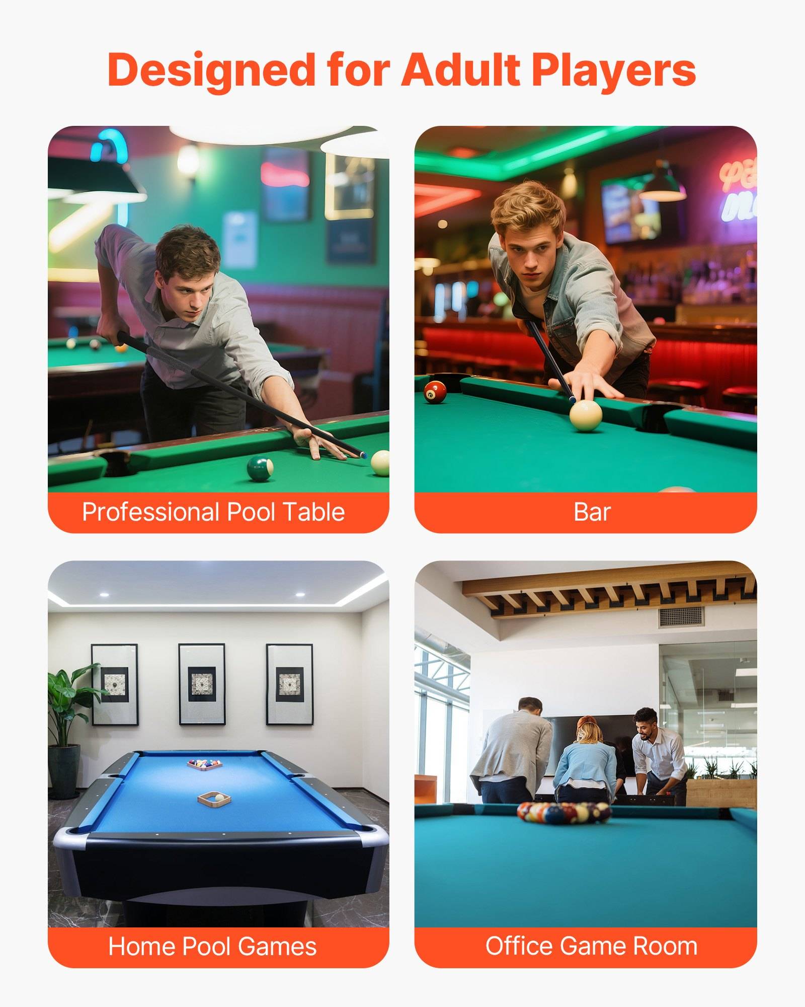 Promotionales Kollage mit dem Titel „Designed for Adult Players" (Entworfen für erwachsene Spieler), die vier Billardtisch-Szenen zeigt: professioneller Tisch, Bar, Spielzimmer zu Hause und Spielzimmer im Büro.