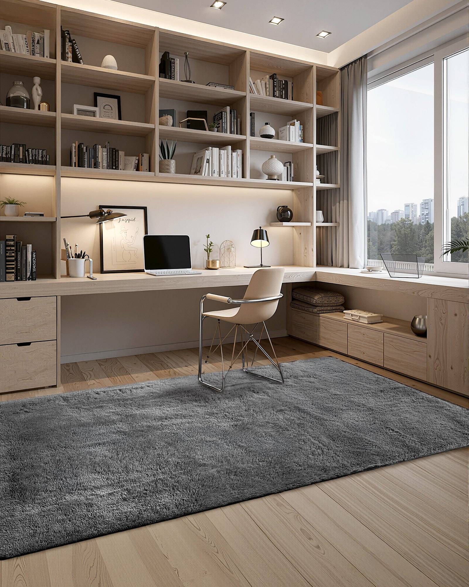 Modernes Homeoffice mit eingebauten Regalen, langen Schreibtisch, Laptop, Stuhl, Lampen, großem Fenster und grauem Teppich.