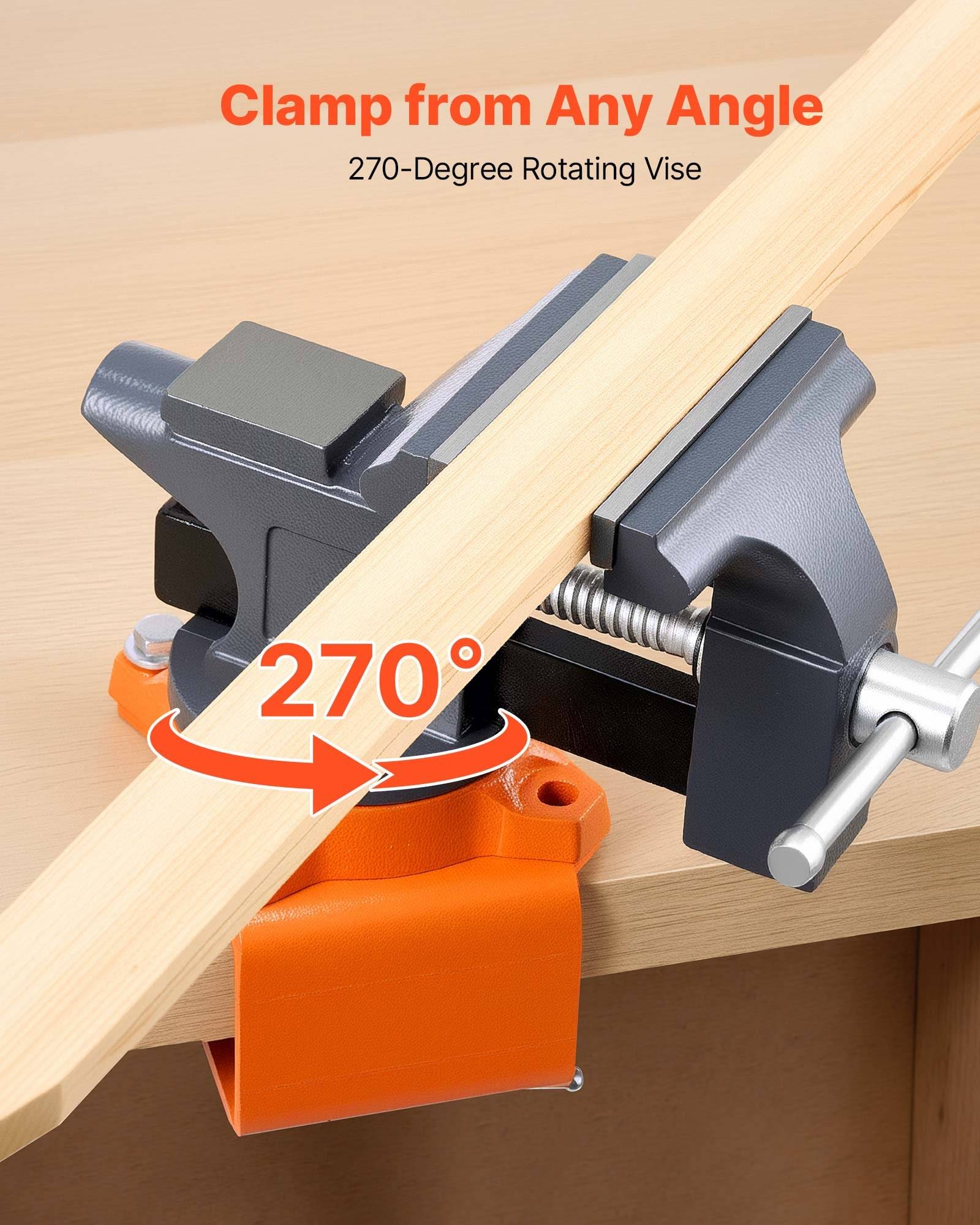 Drehbarer Schraubstock, der ein Holzbrett im Winkel einspannt, beschriftet mit „Klemmen aus jedem Winkel" und „270-Grad-Drehschraubstock"".