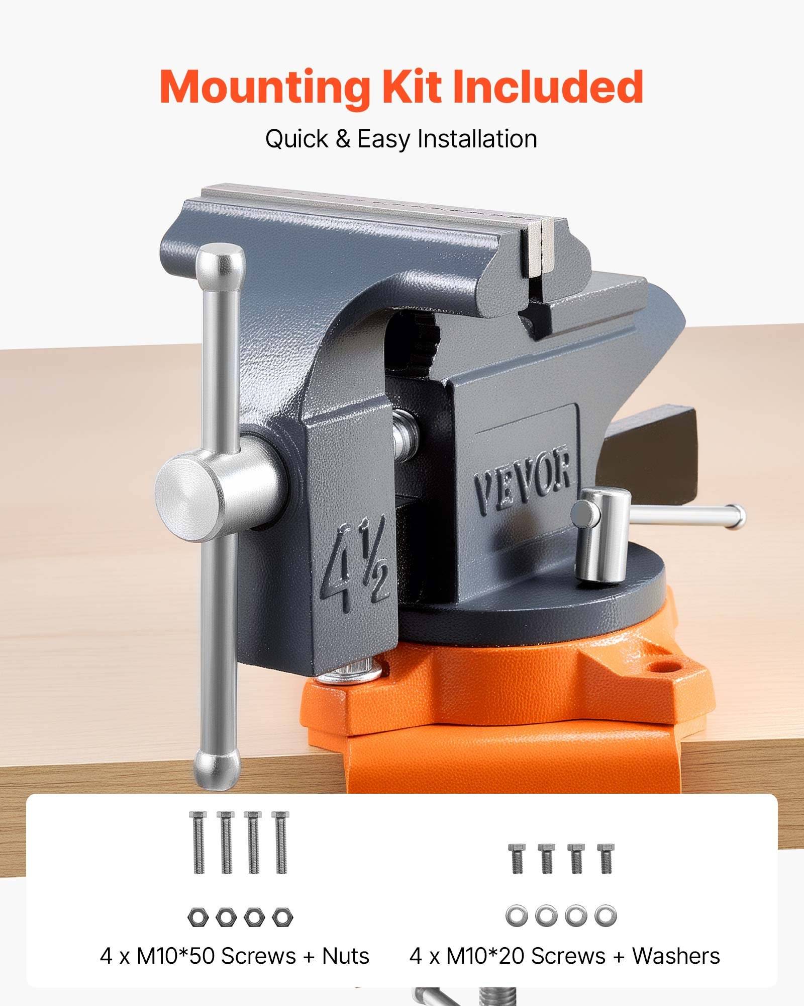 Produktbild einer Schraubstockbank mit „Montageset inklusive" und „Schnelle und einfache Installation"", zeigt 4 x M10*50 Schrauben und Muttern plus 4 x M10*20 Schrauben und Unterlegscheiben.